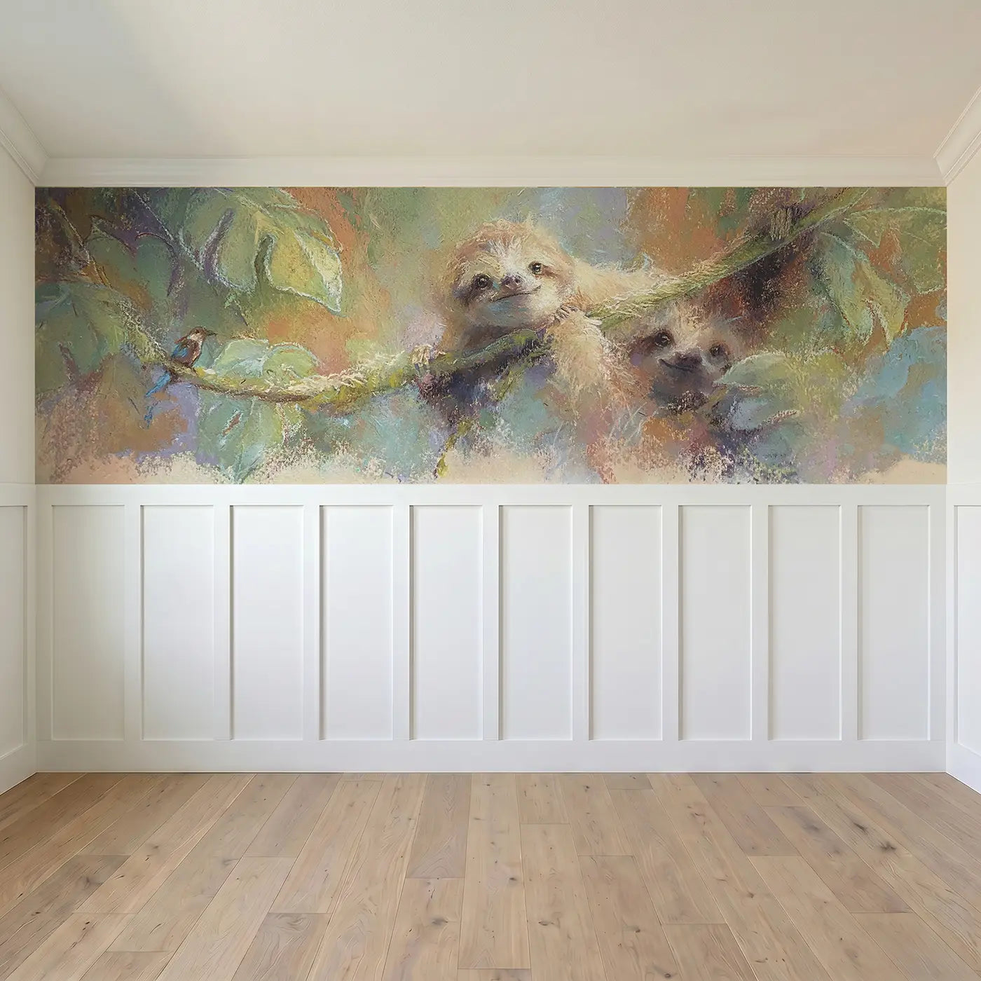 Full panel view of Chalk Sloth Vine Dream Wainscoting Wallpaper by Whimsy Tots
