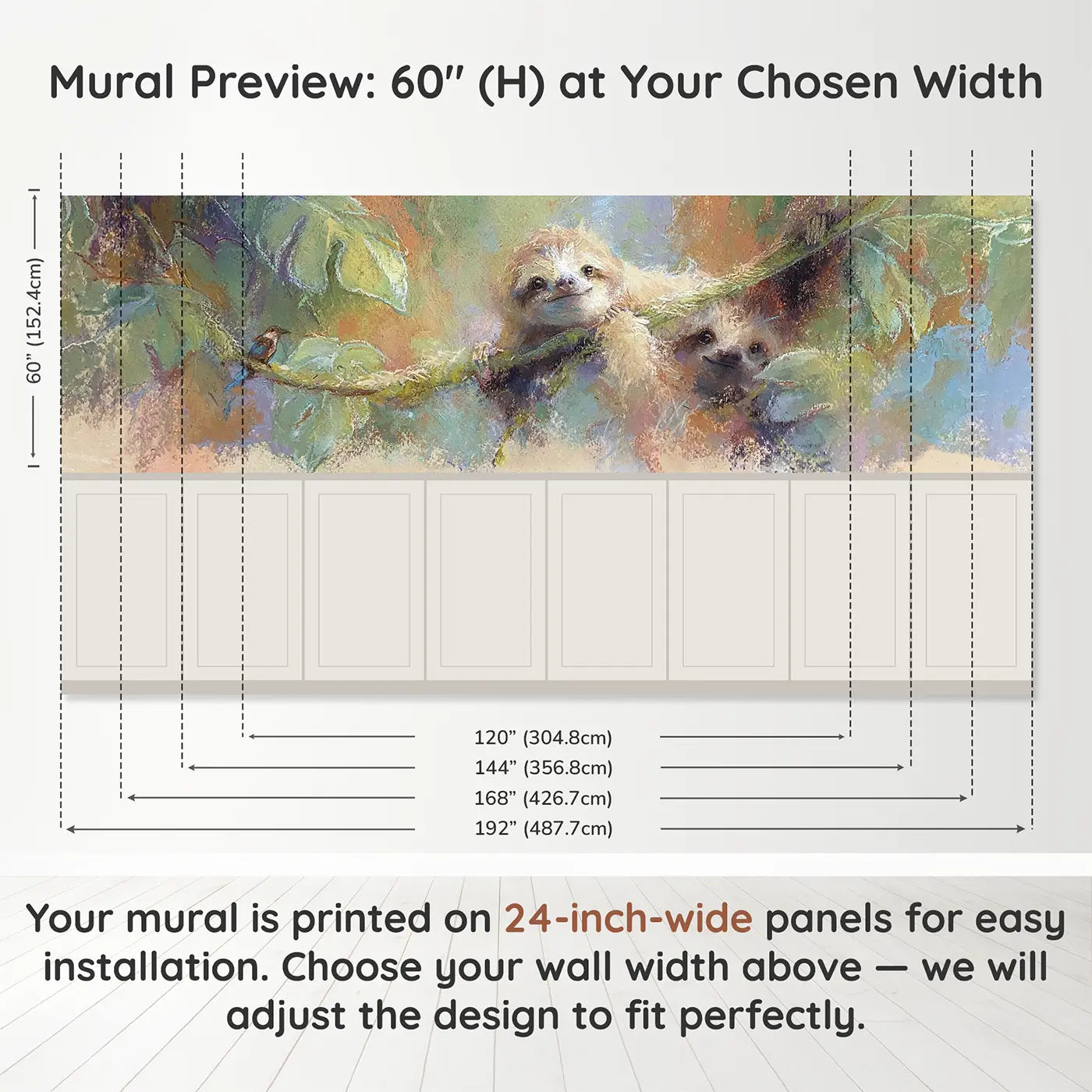 Panel dimensions for Chalk Sloth Vine Dream Wainscoting Wallpaper by Whimsy Tots