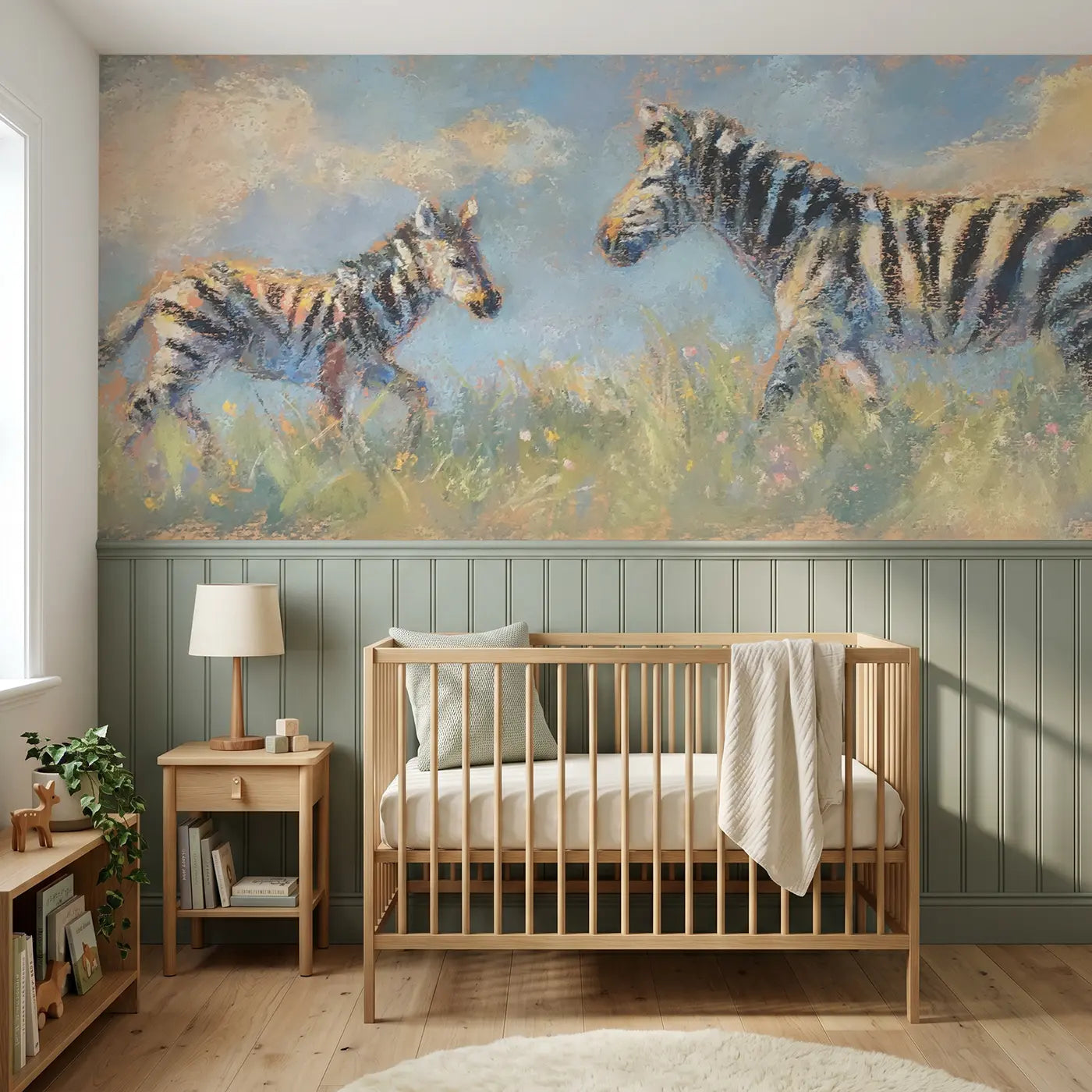 Soft Pastel zebra meadow walk wainscoting wallpaper for nursery by Whimsy Tots