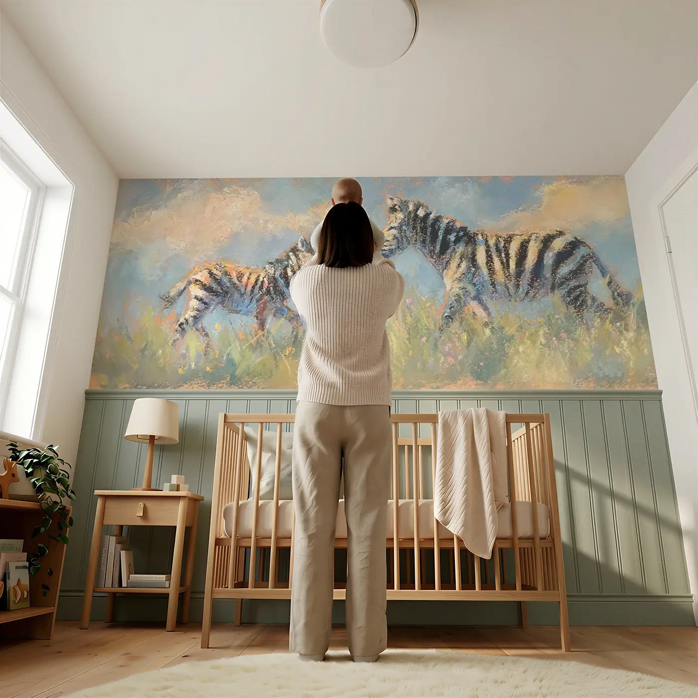 Child reading near Pastel Zebra Meadow Walk Wainscoting Wallpaper by Whimsy Tots