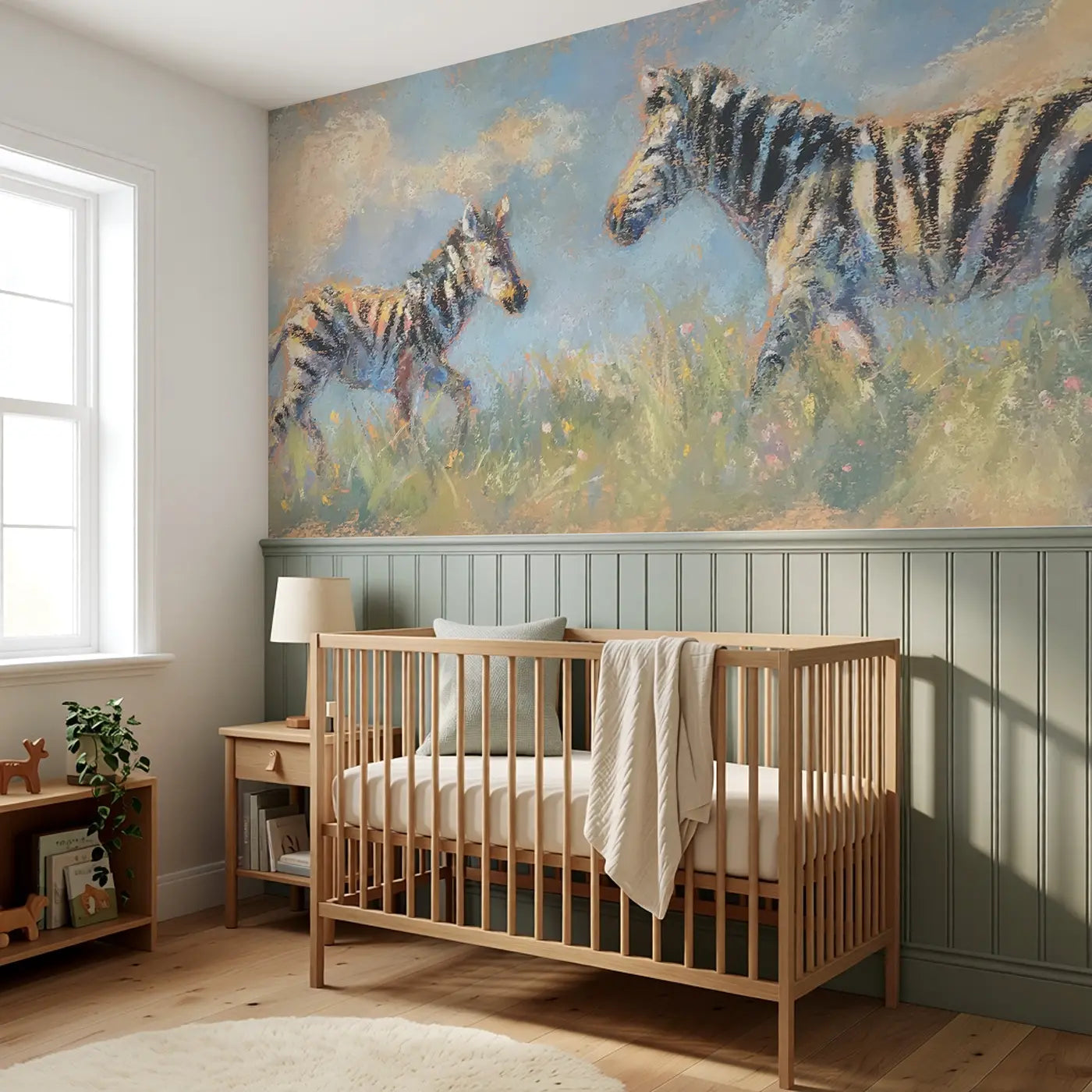Pastel Zebra Meadow Walk Wainscoting Wallpaper styled in a kids bedroom by Whimsy Tots