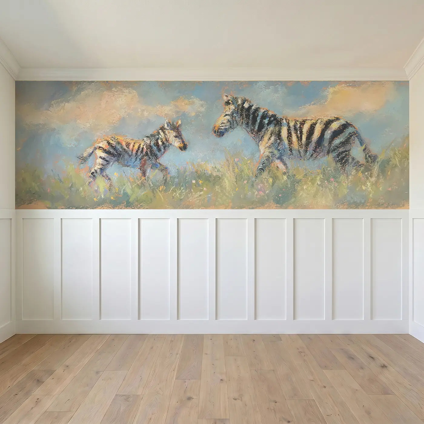 Full panel view of Pastel Zebra Meadow Walk Wainscoting Wallpaper by Whimsy Tots