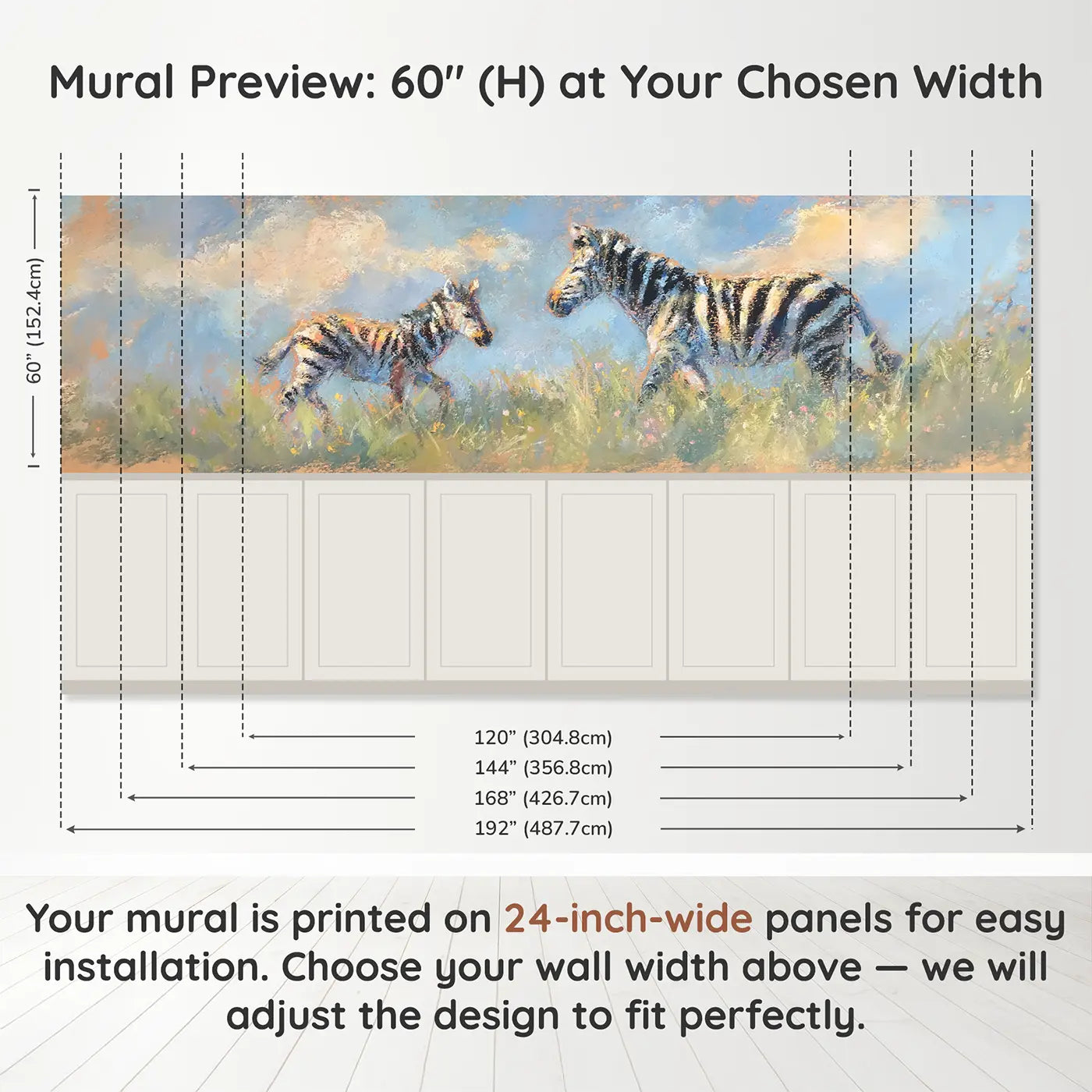 Panel dimensions for Pastel Zebra Meadow Walk Wainscoting Wallpaper by Whimsy Tots