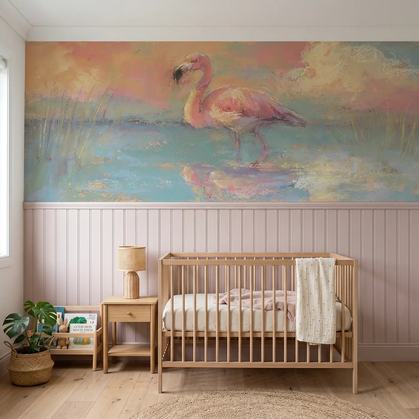Soft Pastel chalk flamingo lagoon wainscoting wallpaper for nursery by Whimsy Tots