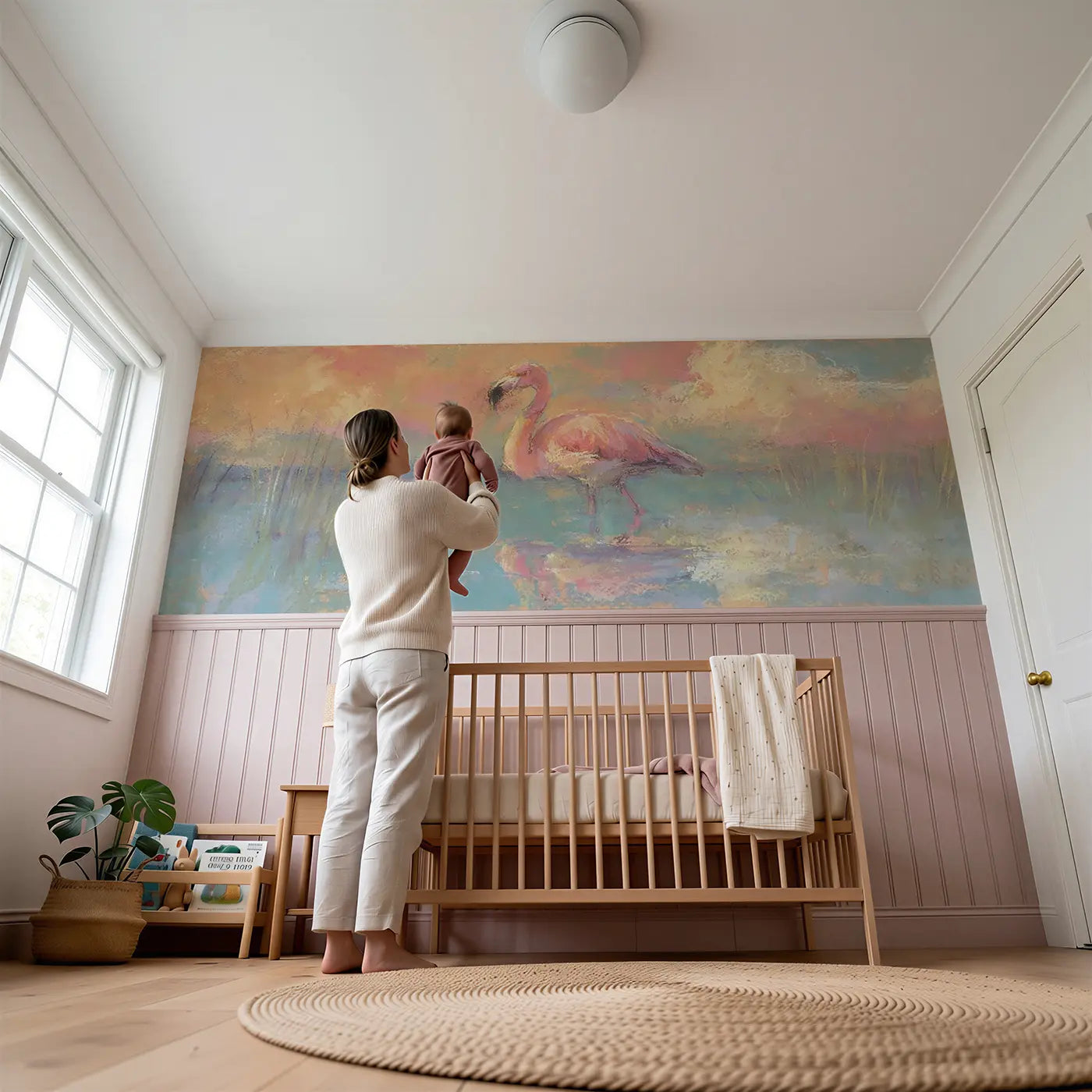 Child reading near Chalk Flamingo Lagoon Soft Wainscoting Wallpaper by Whimsy Tots