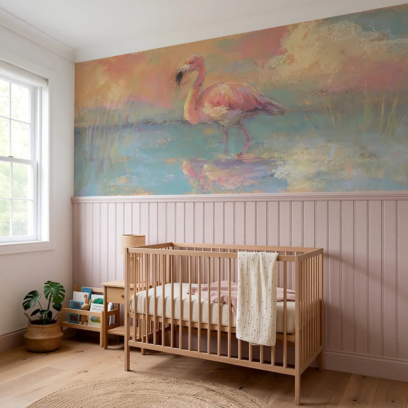 Chalk Flamingo Lagoon Soft Wainscoting Wallpaper styled in a kids bedroom by Whimsy Tots