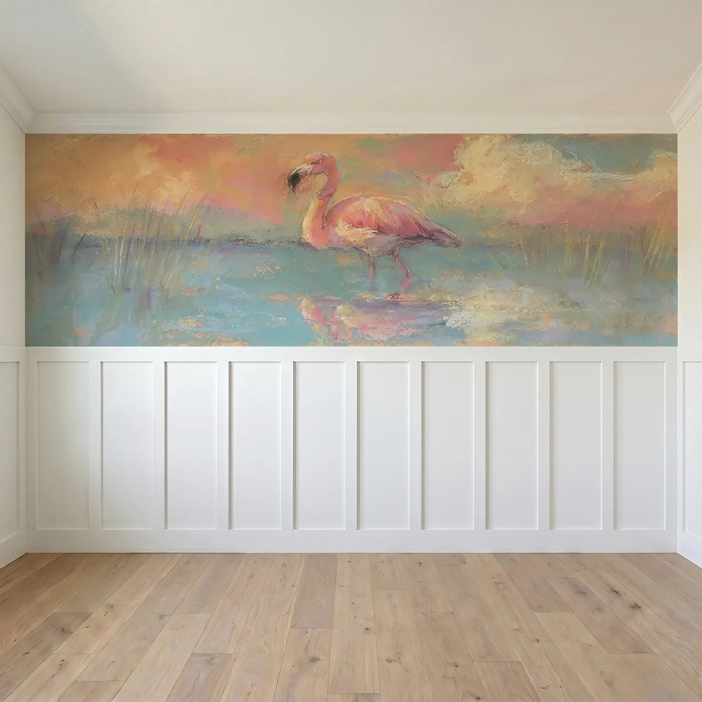 Full panel view of Chalk Flamingo Lagoon Soft Wainscoting Wallpaper by Whimsy Tots
