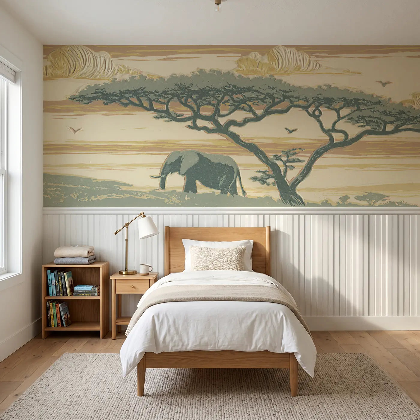 Block Print carved elephant acacia scene wainscoting wallpaper for bedroom by Whimsy Tots