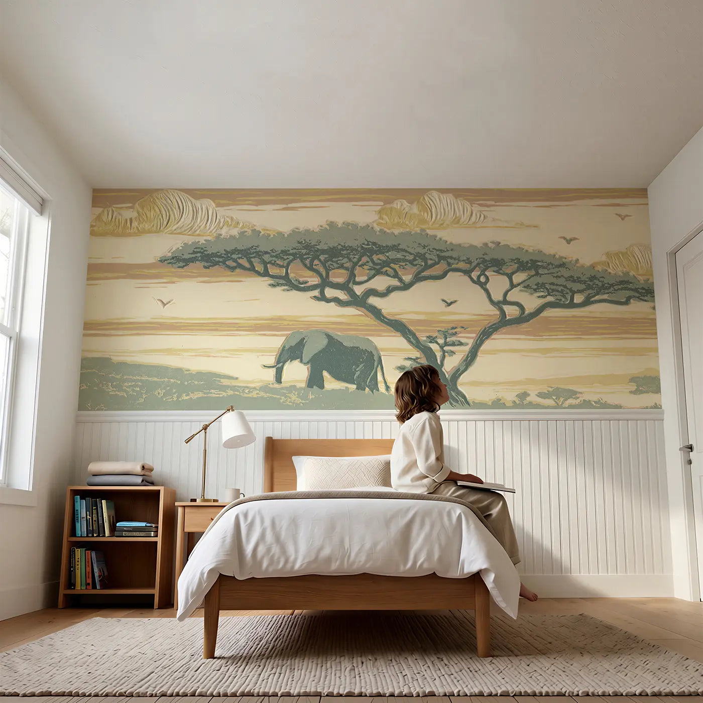 Child reading near Carved Elephant Acacia Scene Wainscoting Wallpaper by Whimsy Tots