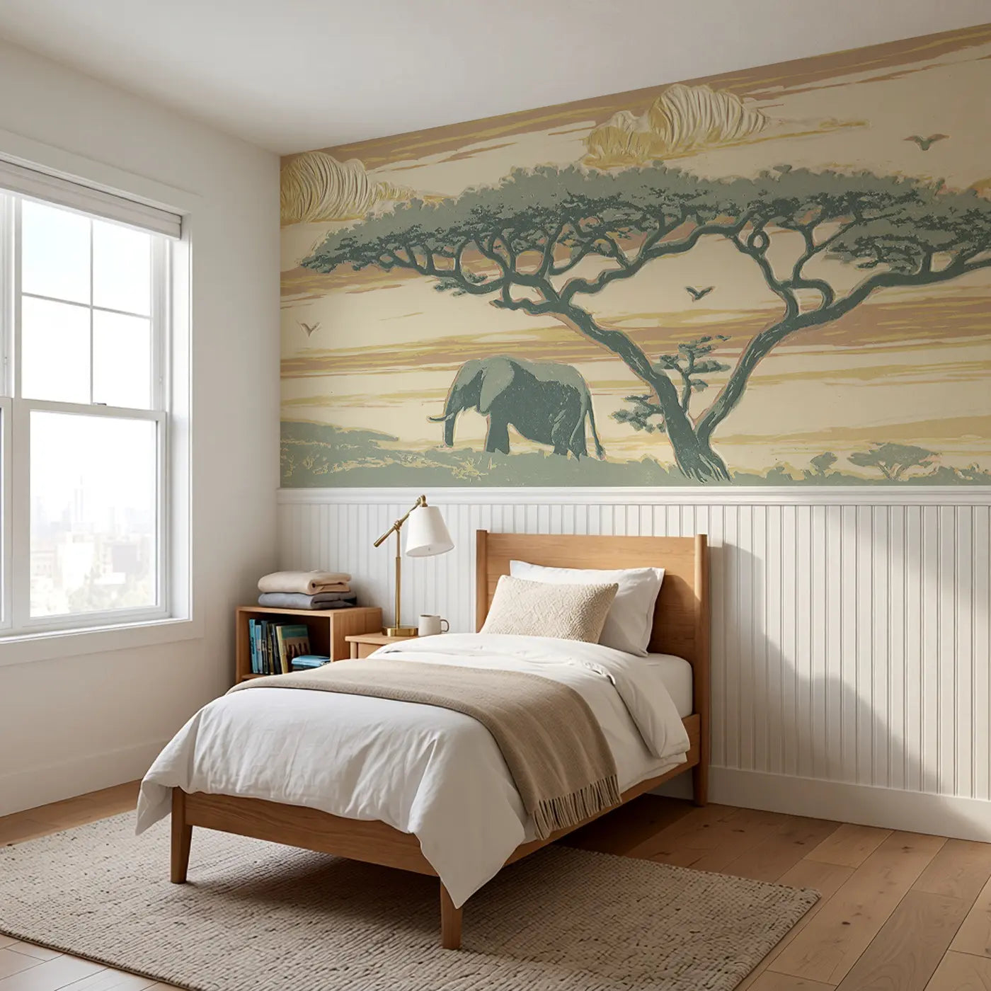 Carved Elephant Acacia Scene Wainscoting Wallpaper styled in a kids bedroom by Whimsy Tots