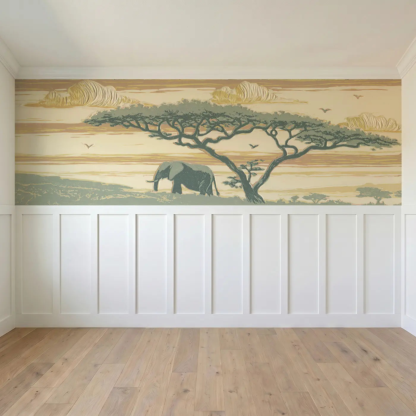 Full panel view of Carved Elephant Acacia Scene Wainscoting Wallpaper by Whimsy Tots