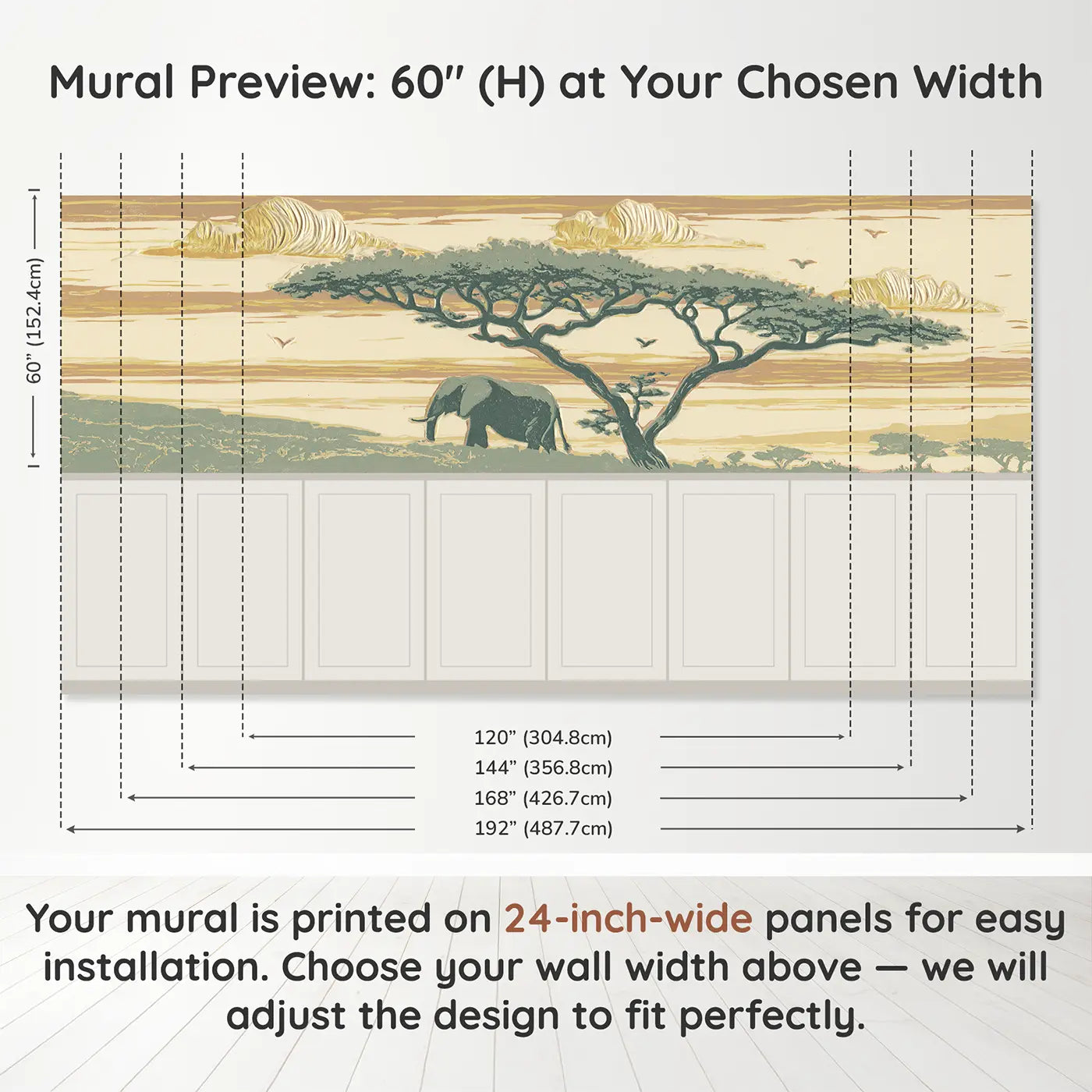 Panel dimensions for Carved Elephant Acacia Scene Wainscoting Wallpaper by Whimsy Tots