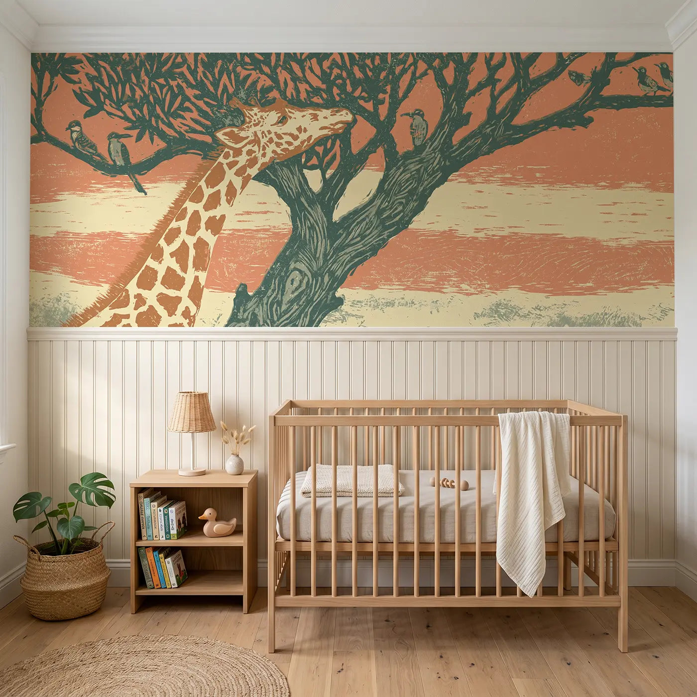 Block Print giraffe treeline wainscoting wallpaper for nursery by Whimsy Tots