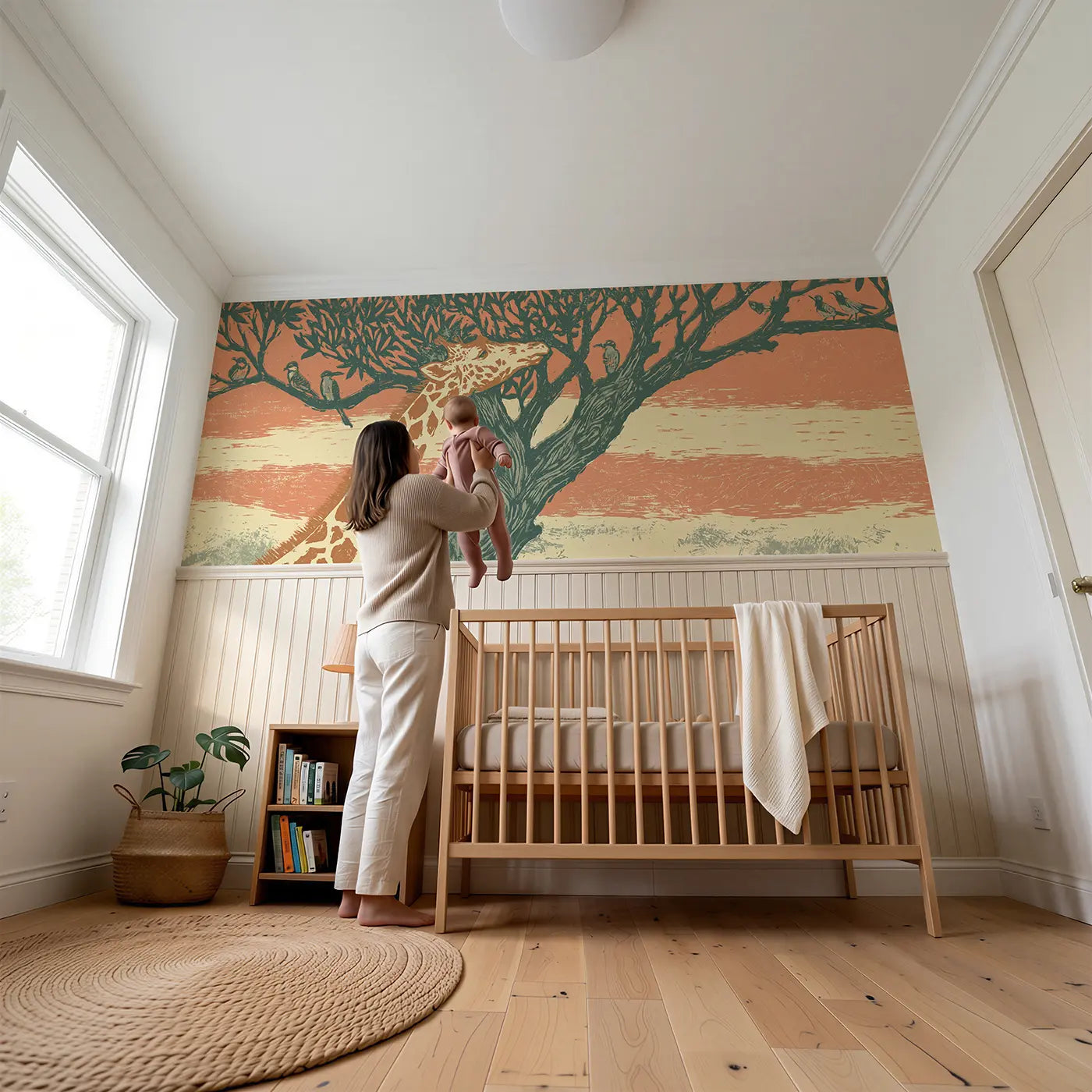 Child reading near Block Print Giraffe Treeline Wainscoting Wallpaper by Whimsy Tots