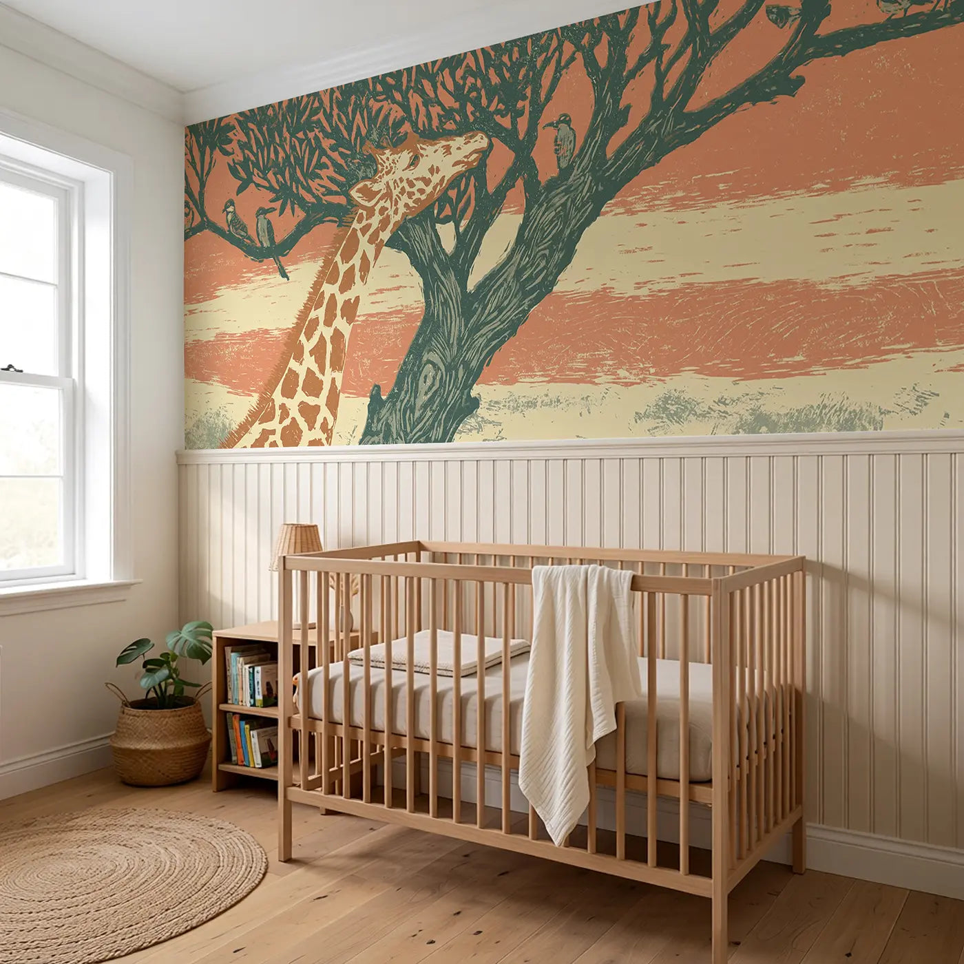 Block Print Giraffe Treeline Wainscoting Wallpaper styled in a kids bedroom by Whimsy Tots
