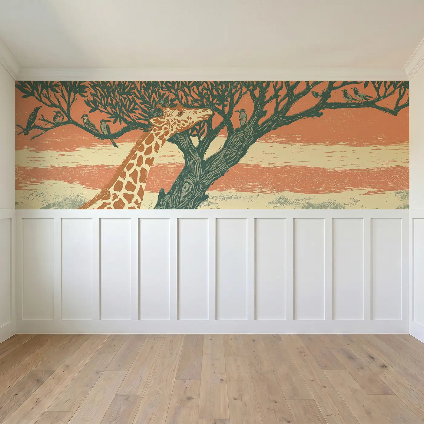 Full panel view of Block Print Giraffe Treeline Wainscoting Wallpaper by Whimsy Tots