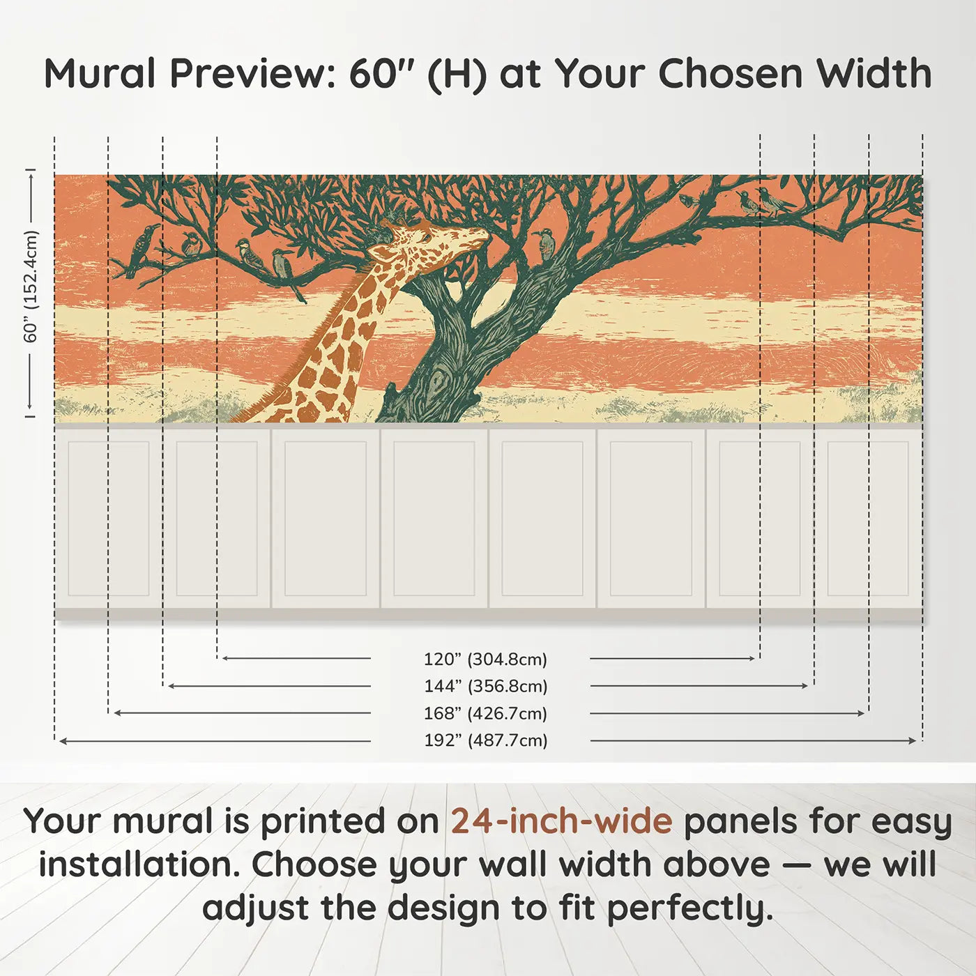 Panel dimensions for Block Print Giraffe Treeline Wainscoting Wallpaper by Whimsy Tots