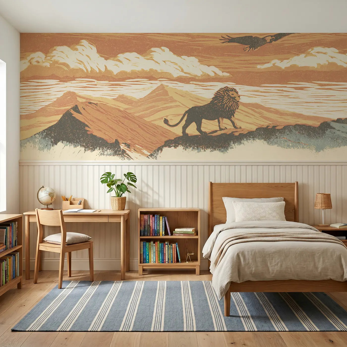 Block Print carved lion mountain pride wainscoting wallpaper for bedroom by Whimsy Tots