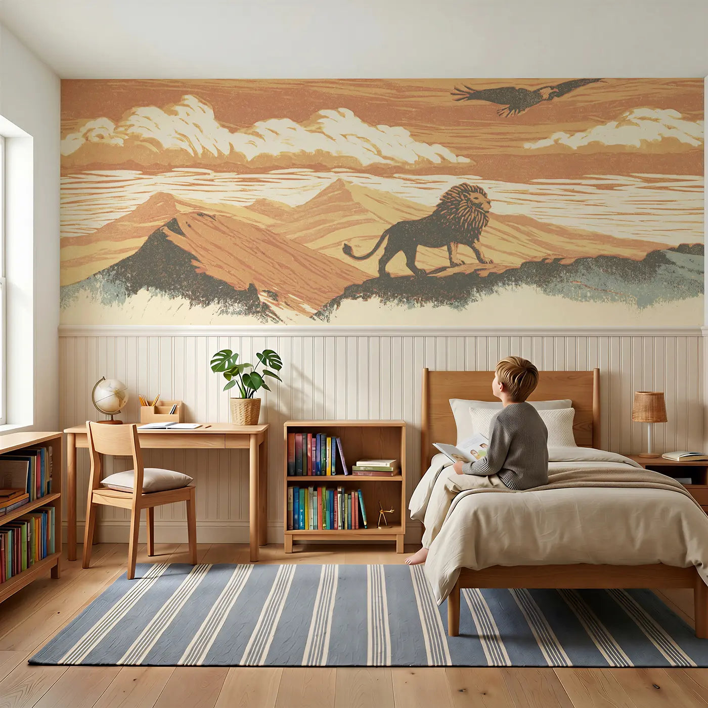 Child reading near Carved Lion Mountain Pride Wainscoting Wallpaper by Whimsy Tots
