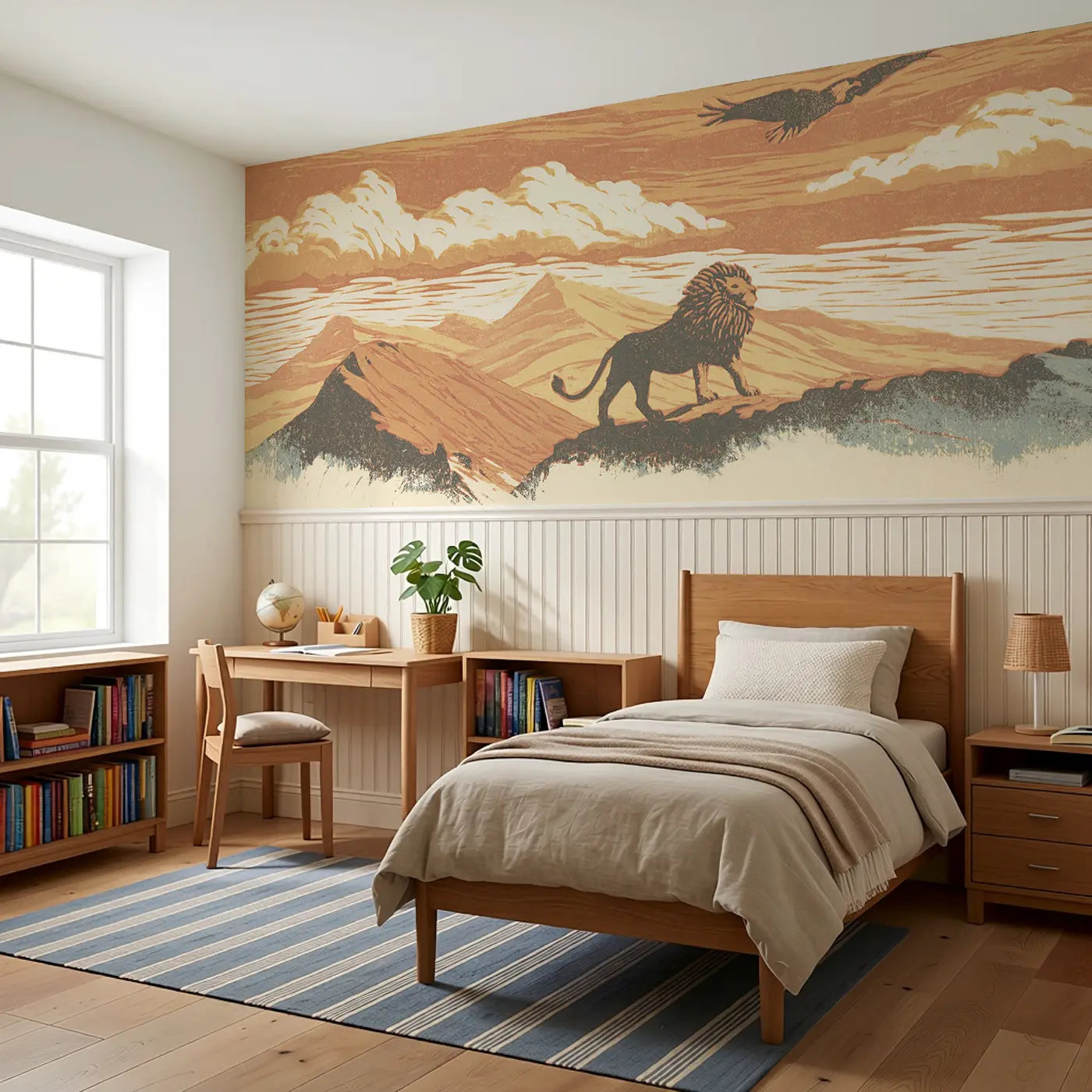 Carved Lion Mountain Pride Wainscoting Wallpaper styled in a kids bedroom by Whimsy Tots