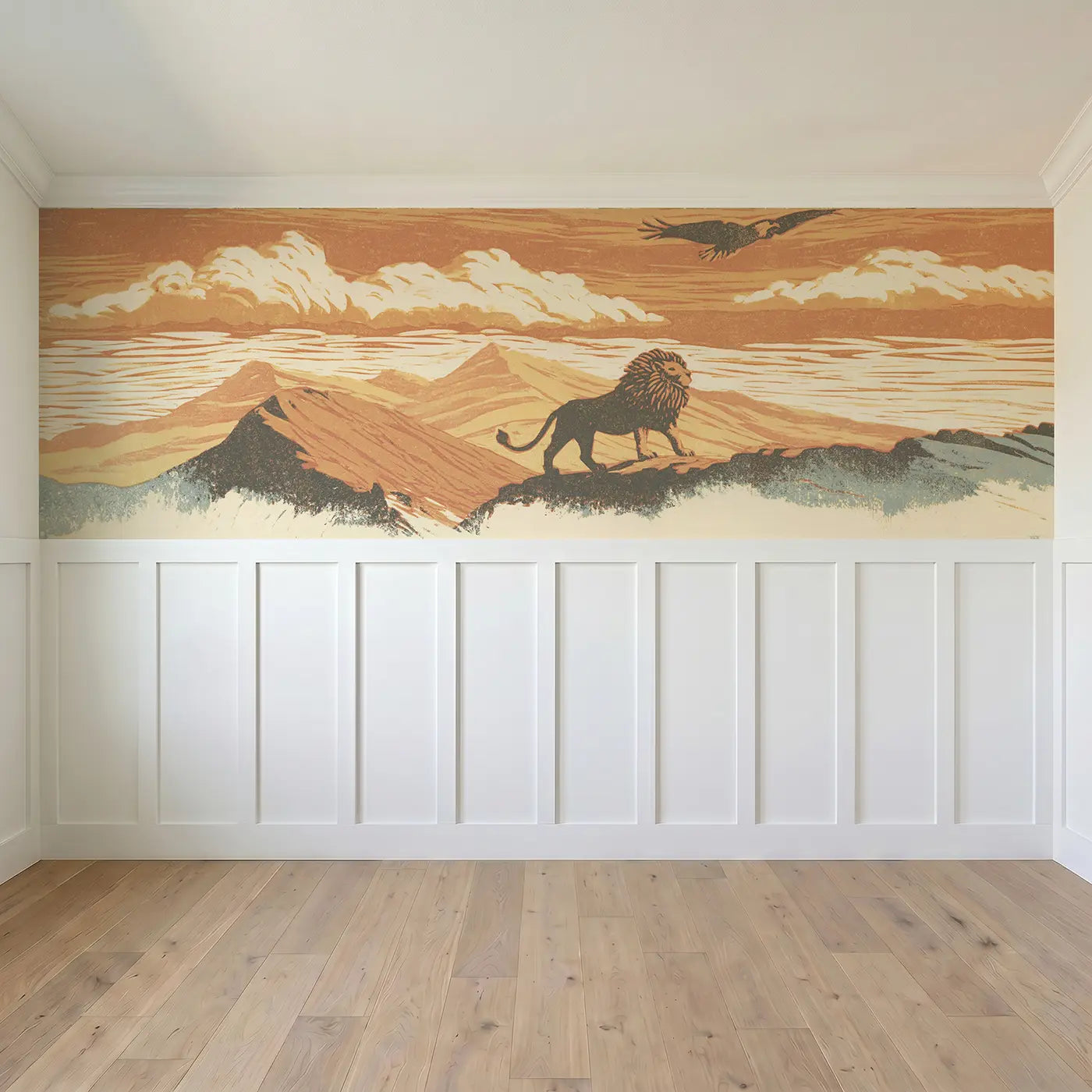Full panel view of Carved Lion Mountain Pride Wainscoting Wallpaper by Whimsy Tots