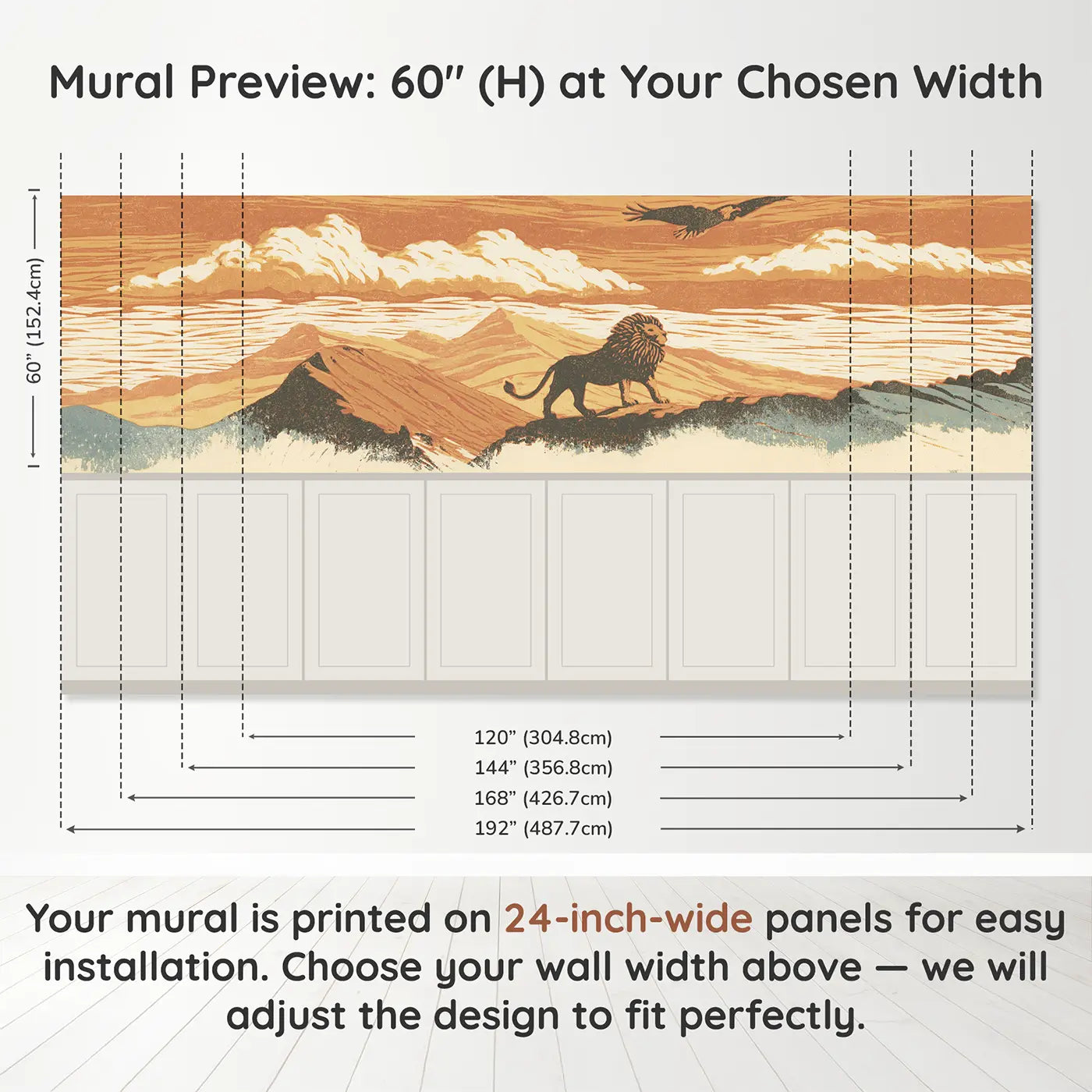 Panel dimensions for Carved Lion Mountain Pride Wainscoting Wallpaper by Whimsy Tots