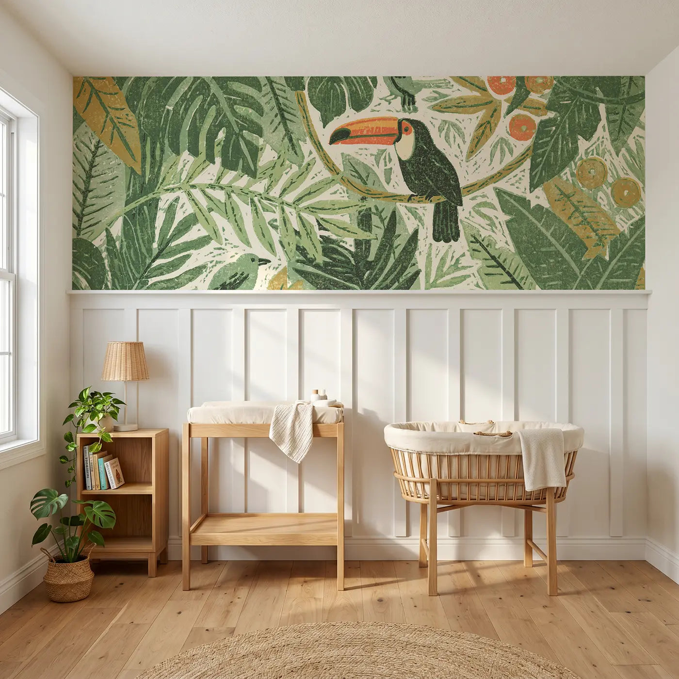Block Print linocut jungle bird canopy wainscoting wallpaper for nursery by Whimsy Tots