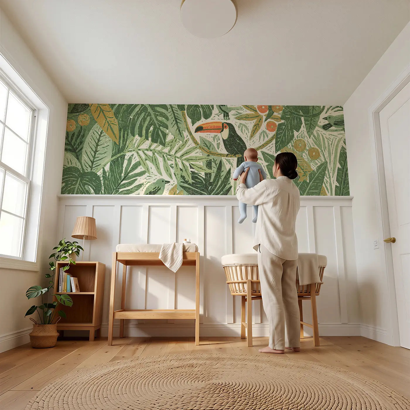 Child reading near Linocut Jungle Bird Canopy Wainscoting Wallpaper by Whimsy Tots