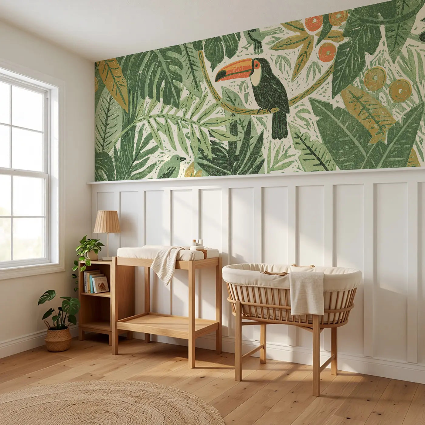 Linocut Jungle Bird Canopy Wainscoting Wallpaper styled in a kids bedroom by Whimsy Tots