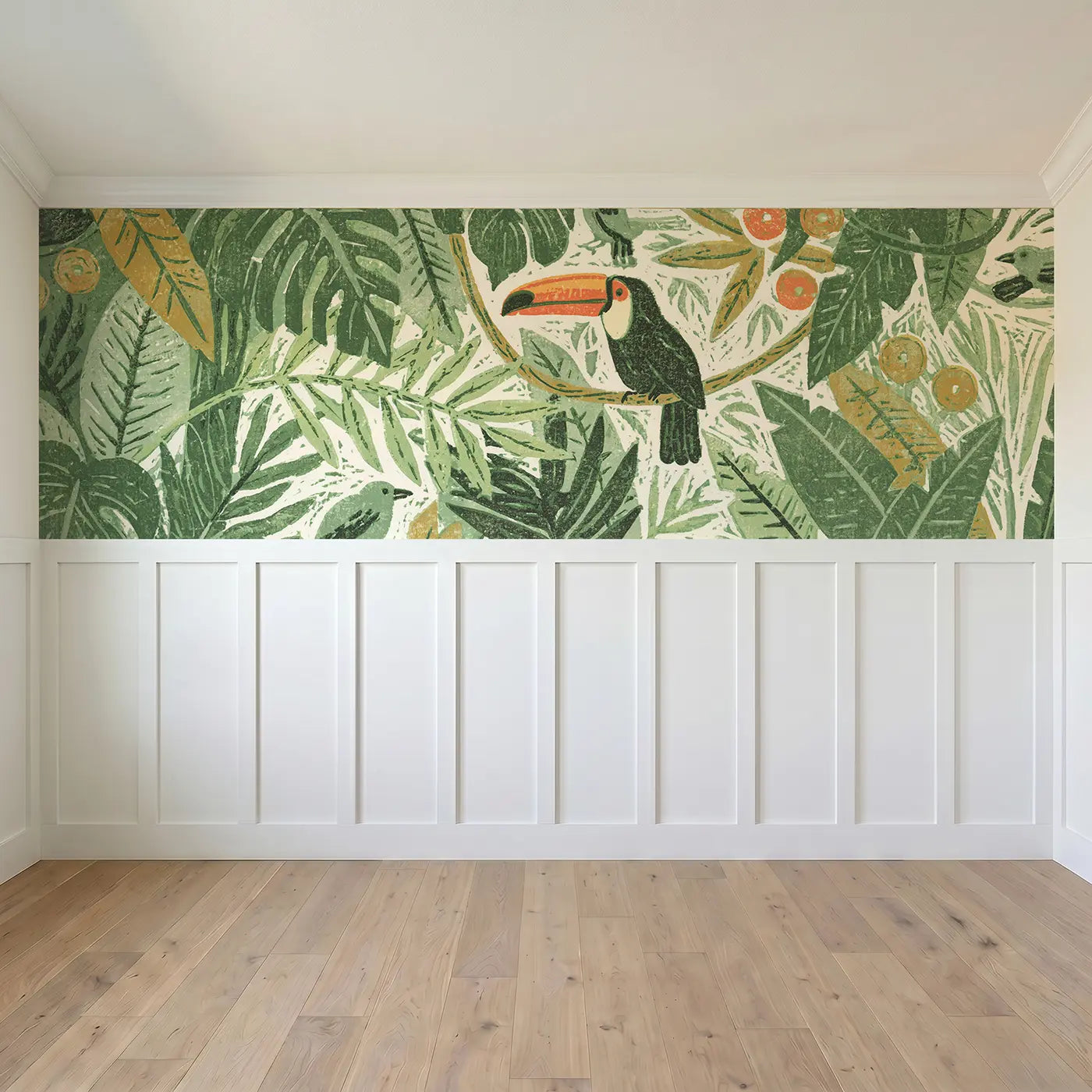 Full panel view of Linocut Jungle Bird Canopy Wainscoting Wallpaper by Whimsy Tots