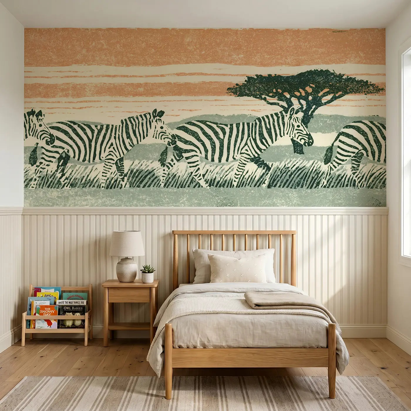 Block Print carved zebra horizon band wainscoting wallpaper for bedroom by Whimsy Tots