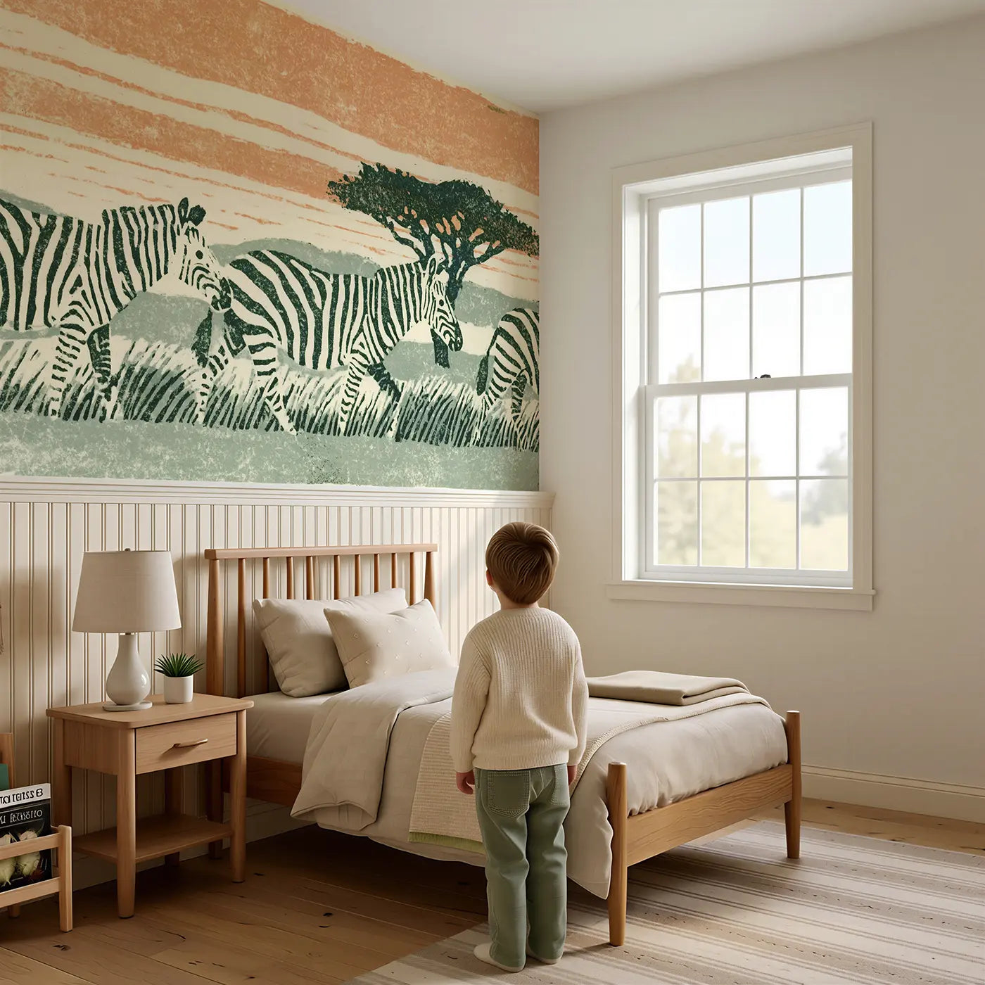 Child reading near Carved Zebra Horizon Band Wainscoting Wallpaper by Whimsy Tots