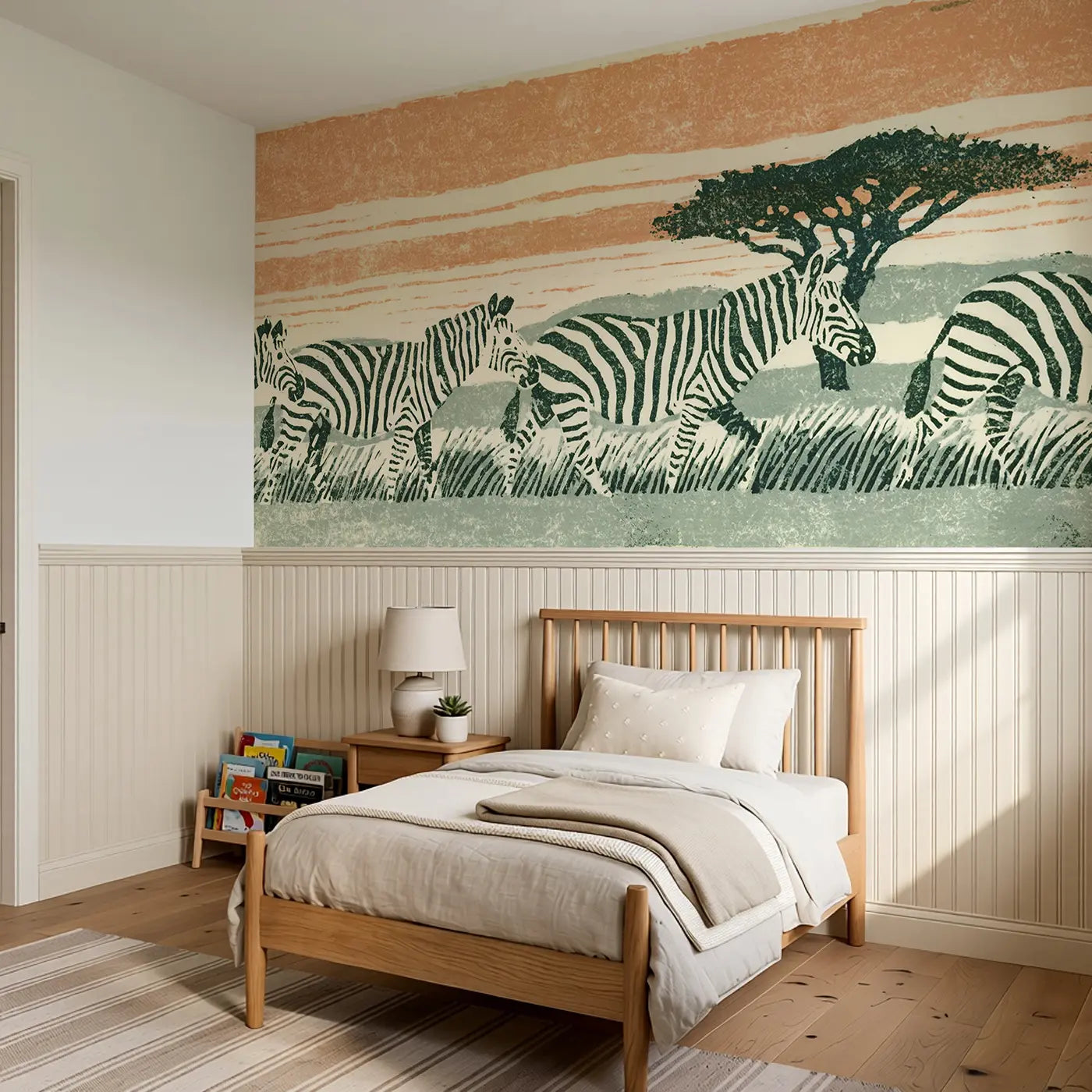 Carved Zebra Horizon Band Wainscoting Wallpaper styled in a kids bedroom by Whimsy Tots