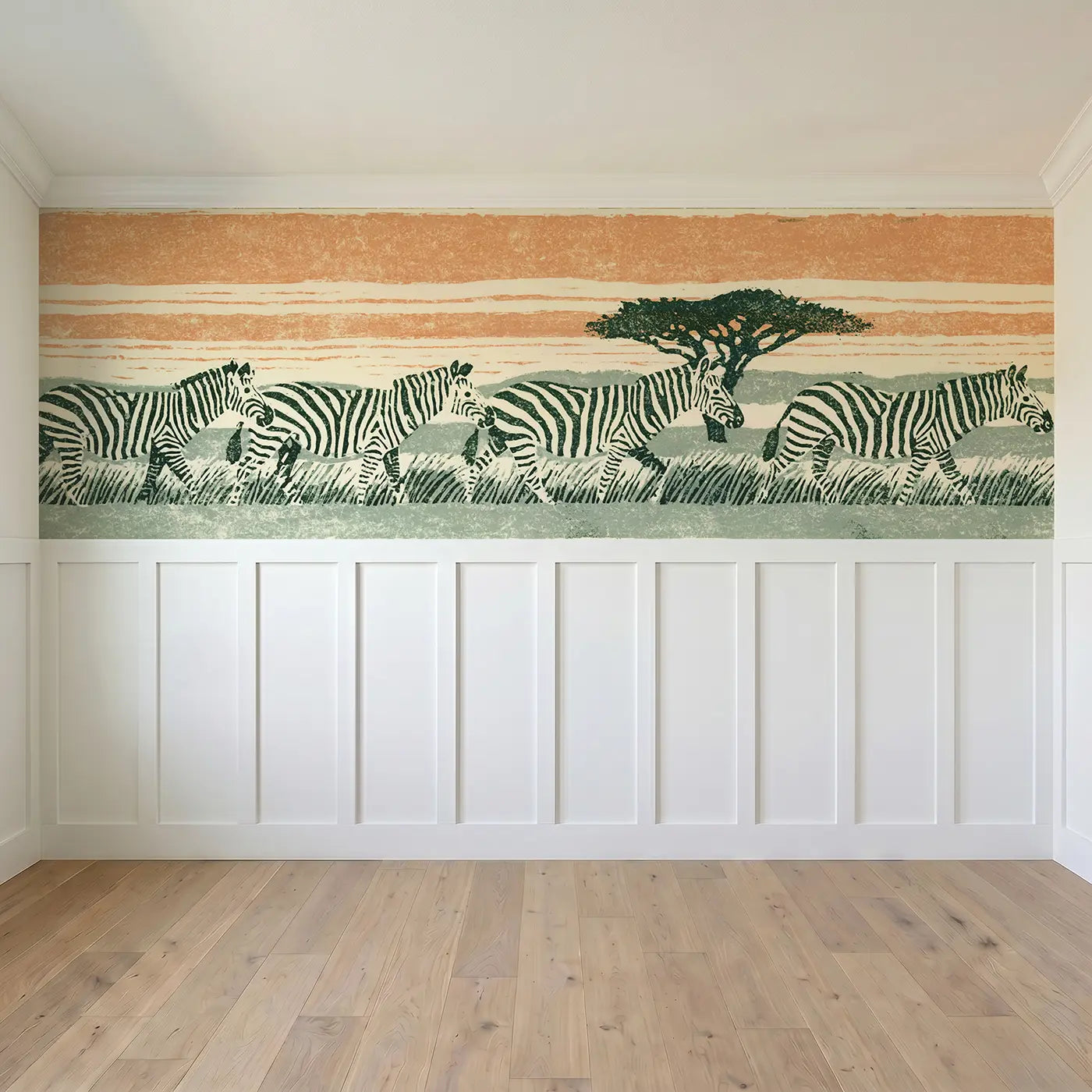 Full panel view of Carved Zebra Horizon Band Wainscoting Wallpaper by Whimsy Tots