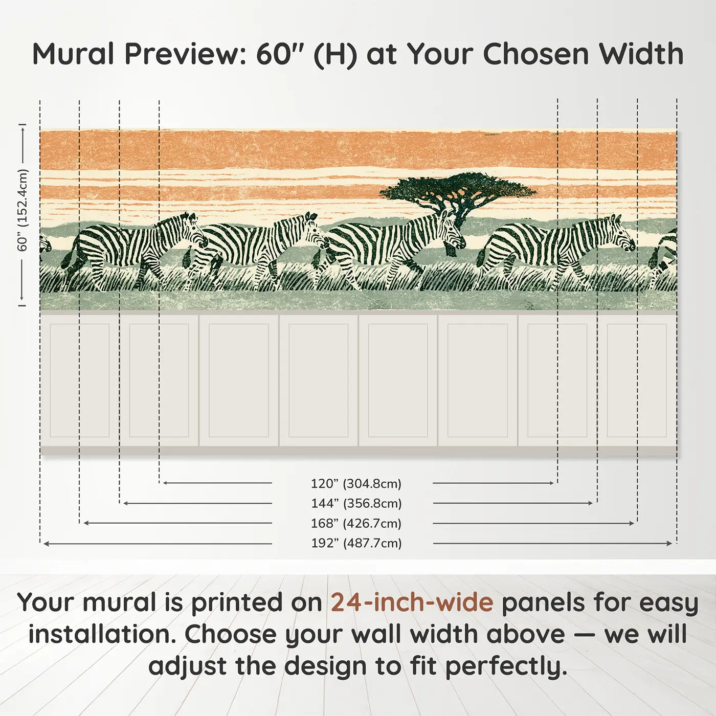 Panel dimensions for Carved Zebra Horizon Band Wainscoting Wallpaper by Whimsy Tots