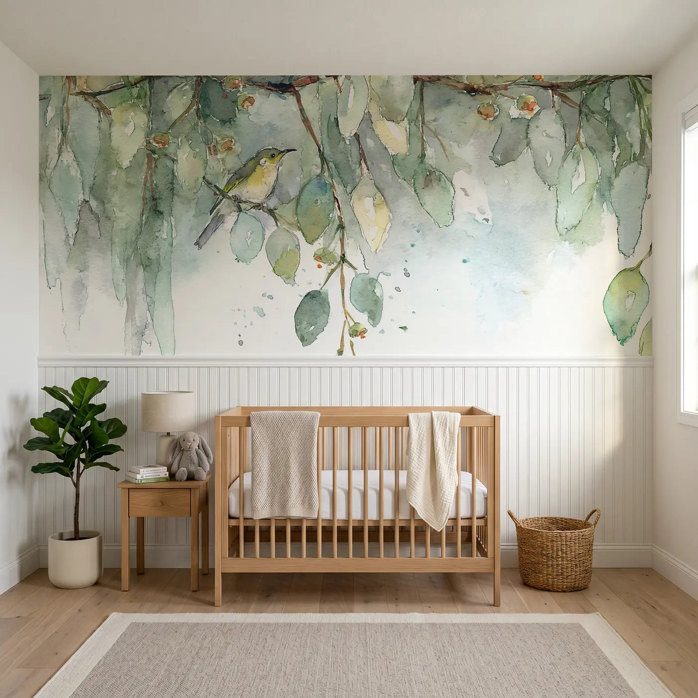 Watercolor trailing eucalyptus canopy wainscoting wallpaper for nursery by Whimsy Tots