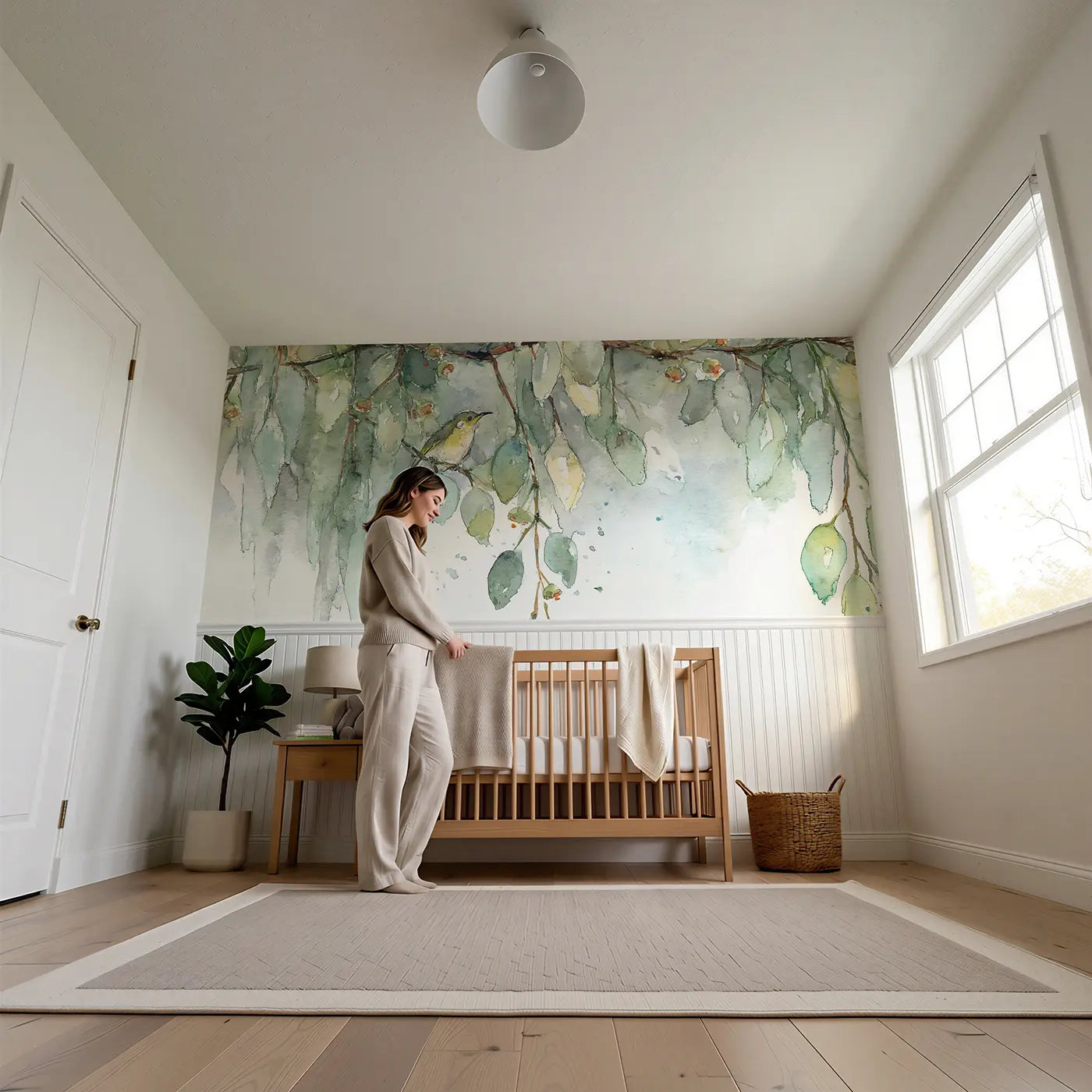 Child reading near Trailing Eucalyptus Canopy Wainscoting Wallpaper by Whimsy Tots