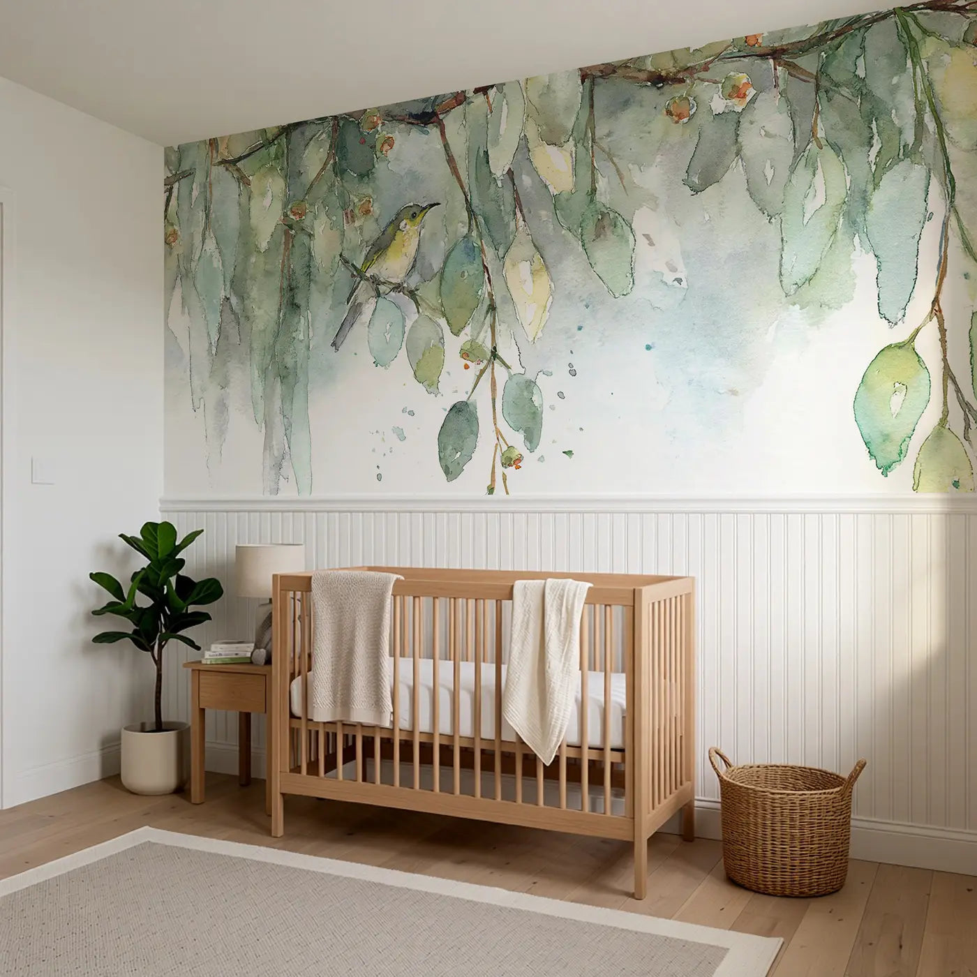 Trailing Eucalyptus Canopy Wainscoting Wallpaper styled in a kids bedroom by Whimsy Tots