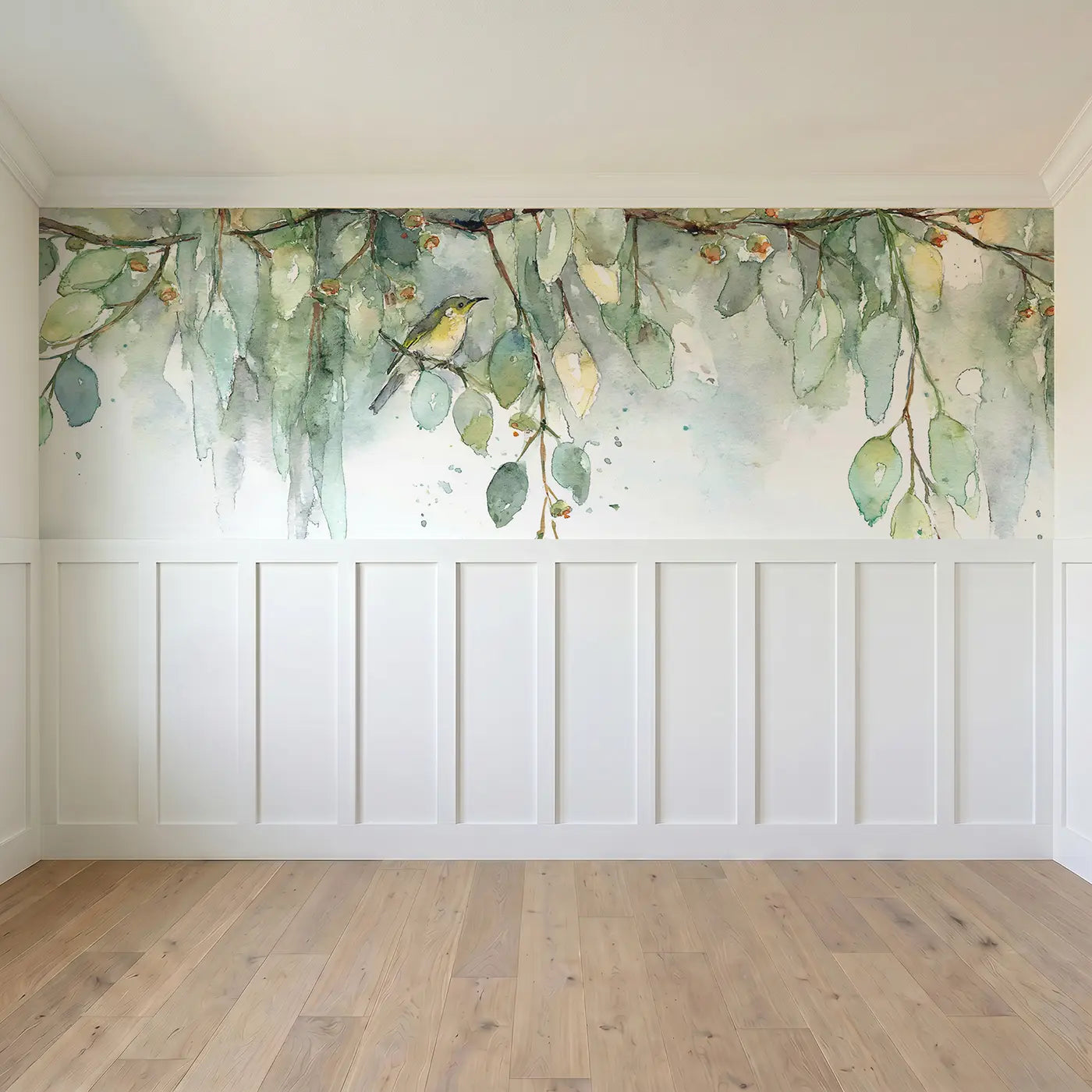 Full panel view of Trailing Eucalyptus Canopy Wainscoting Wallpaper by Whimsy Tots