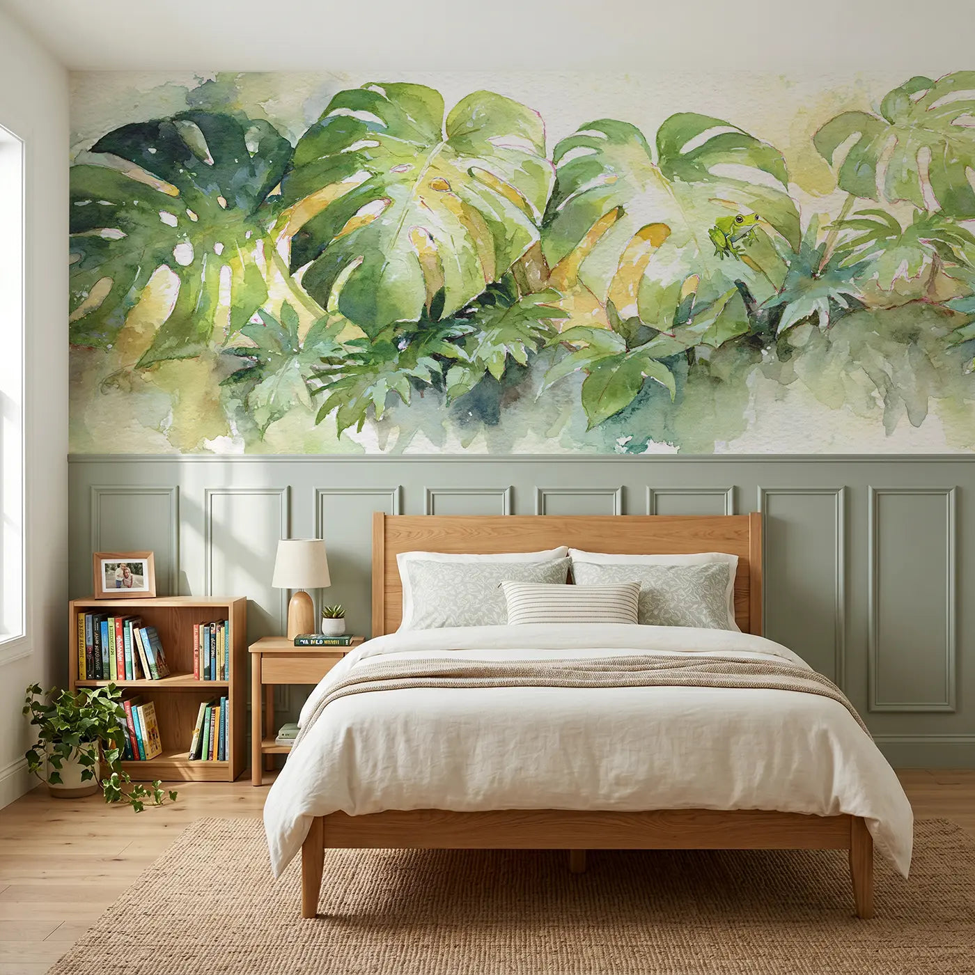 Watercolor monstera leaf tropical light wainscoting wallpaper for bedroom by Whimsy Tots
