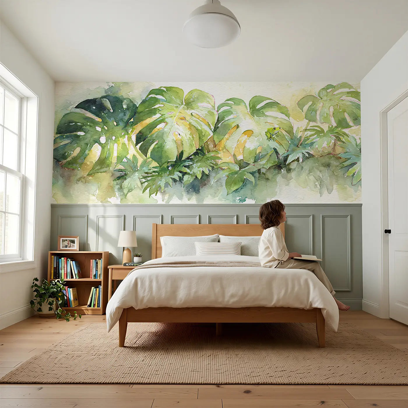 Child reading near Monstera Leaf Tropical Light Wainscoting Wallpaper by Whimsy Tots
