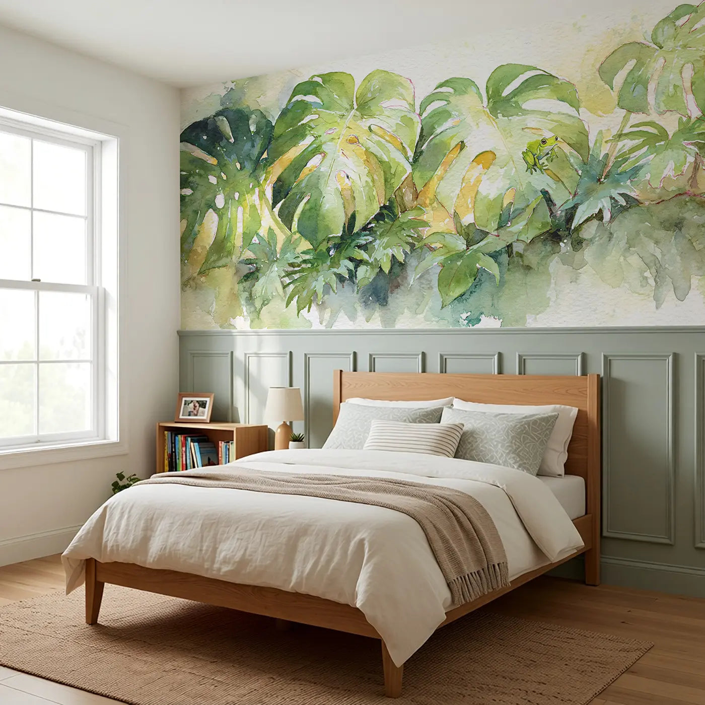 Monstera Leaf Tropical Light Wainscoting Wallpaper styled in a kids bedroom by Whimsy Tots