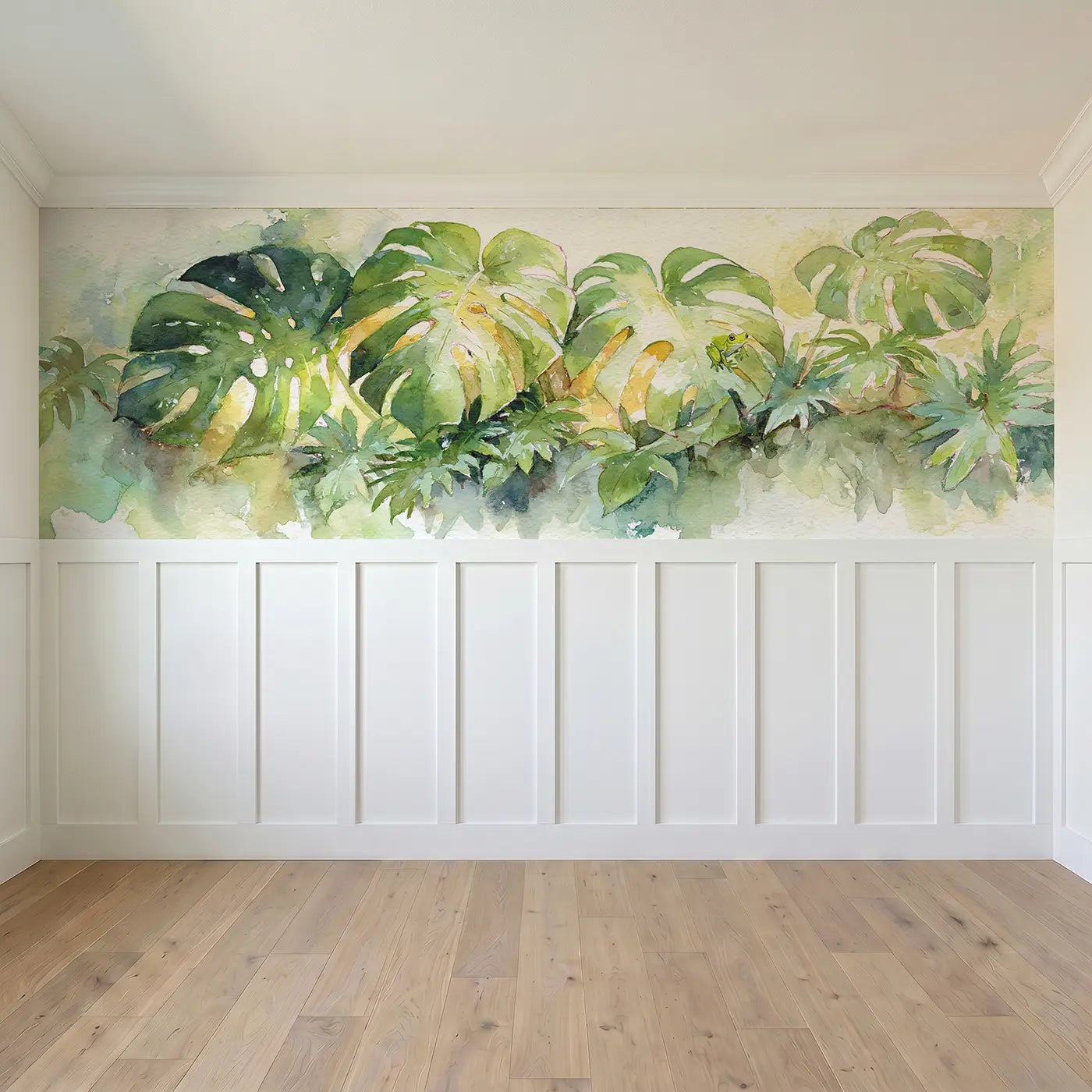 Full panel view of Monstera Leaf Tropical Light Wainscoting Wallpaper by Whimsy Tots