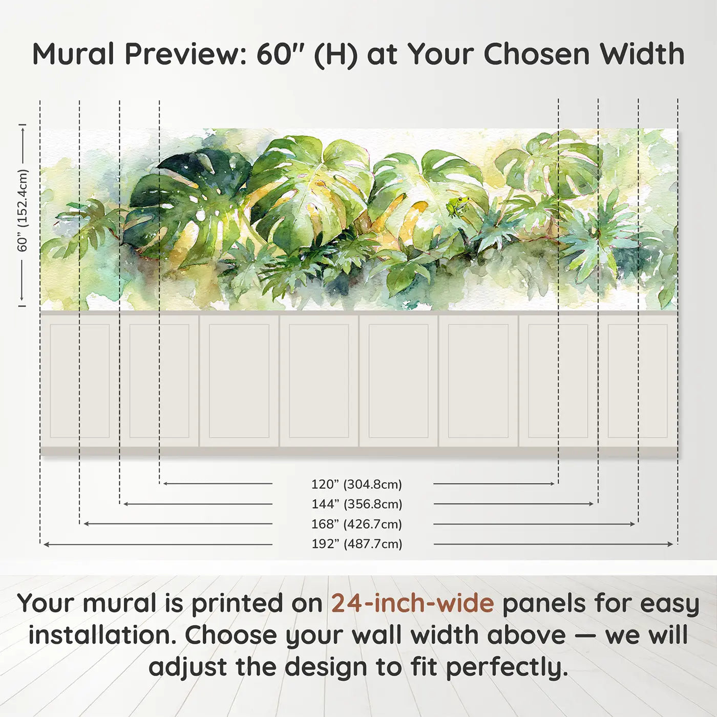Panel dimensions for Monstera Leaf Tropical Light Wainscoting Wallpaper by Whimsy Tots