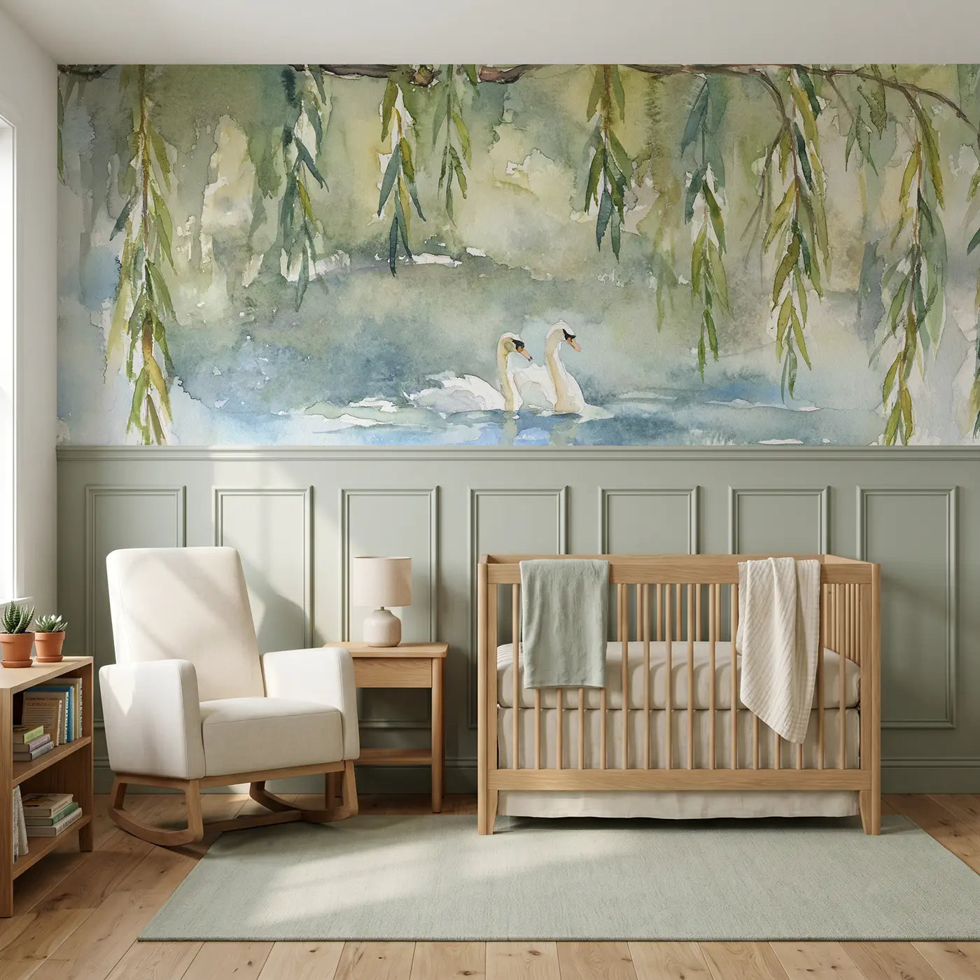 Watercolor weeping willow pond view wainscoting wallpaper for nursery by Whimsy Tots