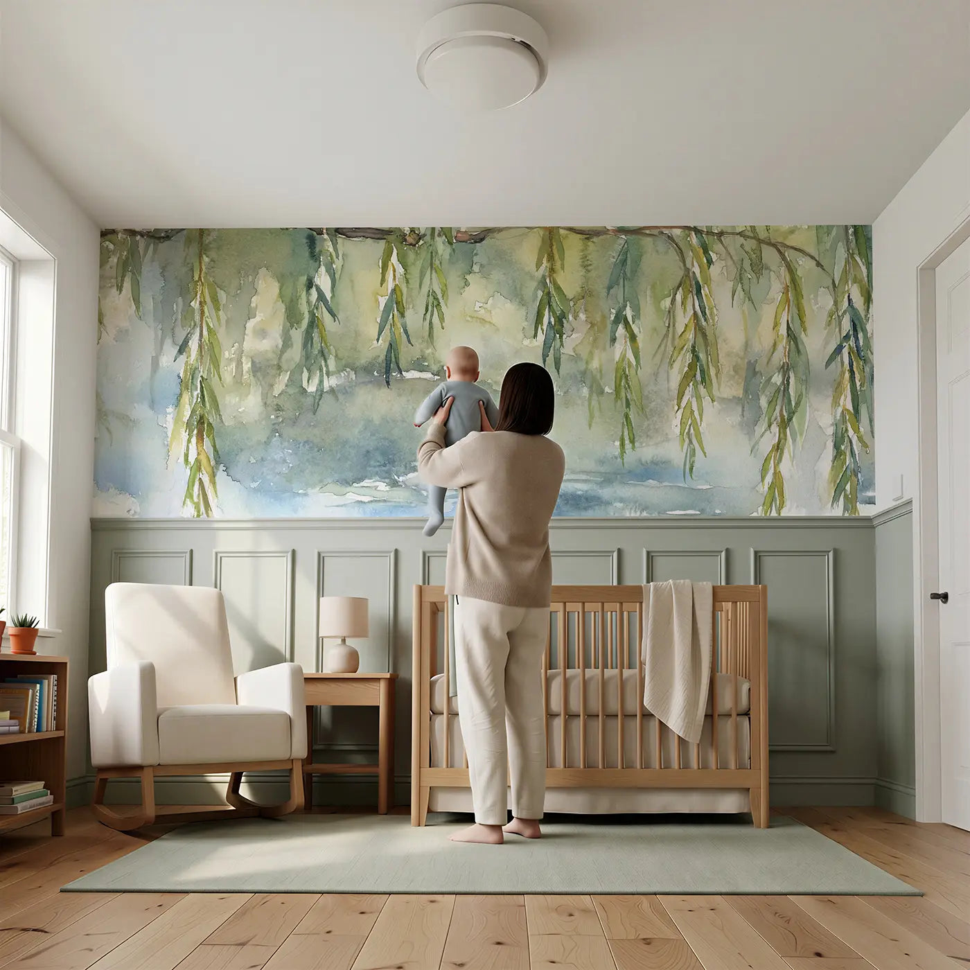 Child reading near Weeping Willow Pond View Wainscoting Wallpaper by Whimsy Tots