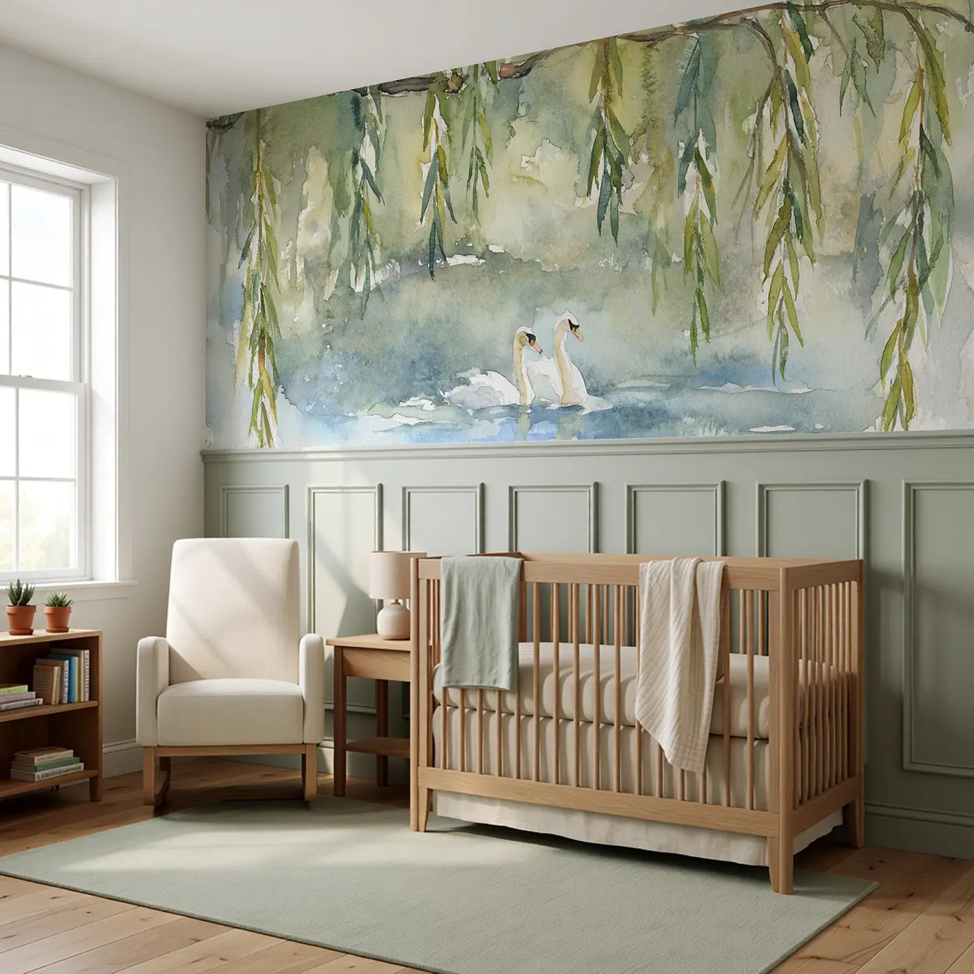 Weeping Willow Pond View Wainscoting Wallpaper styled in a kids bedroom by Whimsy Tots