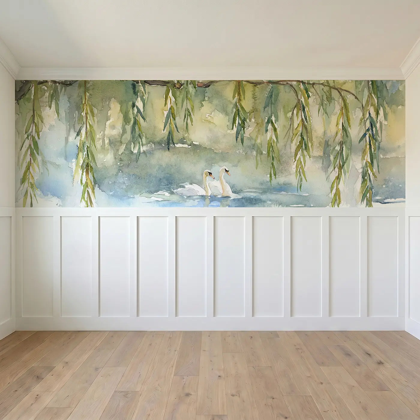 Full panel view of Weeping Willow Pond View Wainscoting Wallpaper by Whimsy Tots