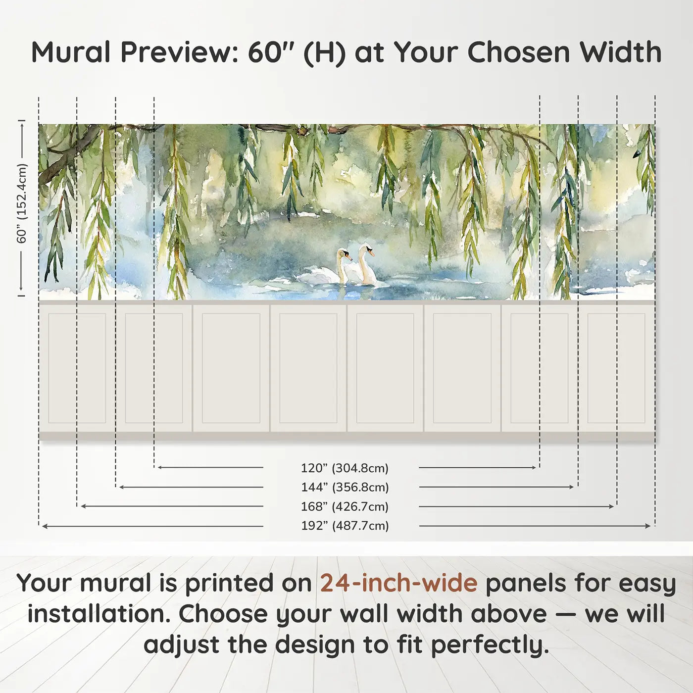 Panel dimensions for Weeping Willow Pond View Wainscoting Wallpaper by Whimsy Tots