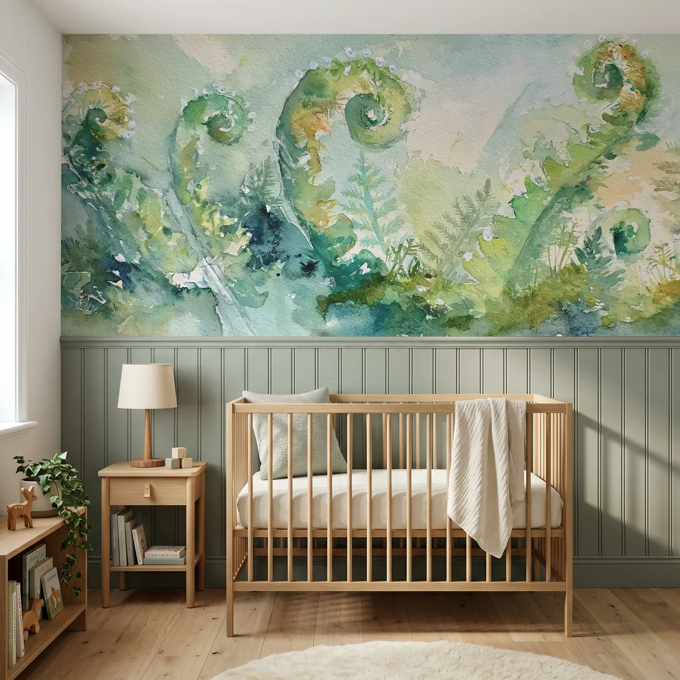 Watercolor fern unfurl morning dew wainscoting wallpaper for nursery by Whimsy Tots